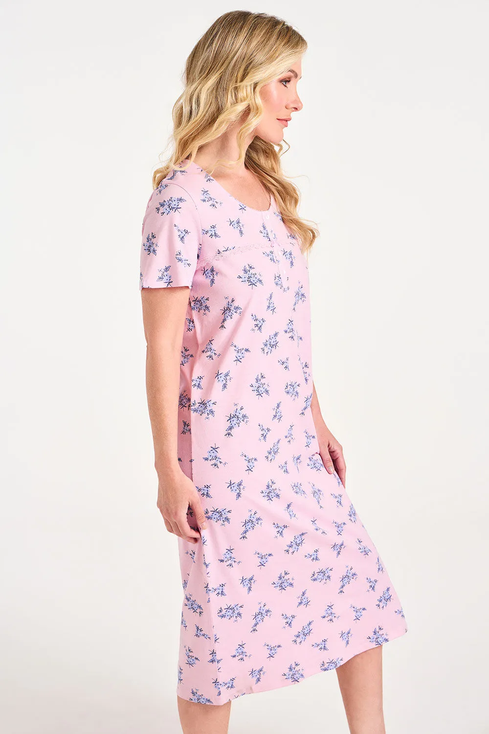 100% Cotton Floral Print Nightdress with Lace Detail