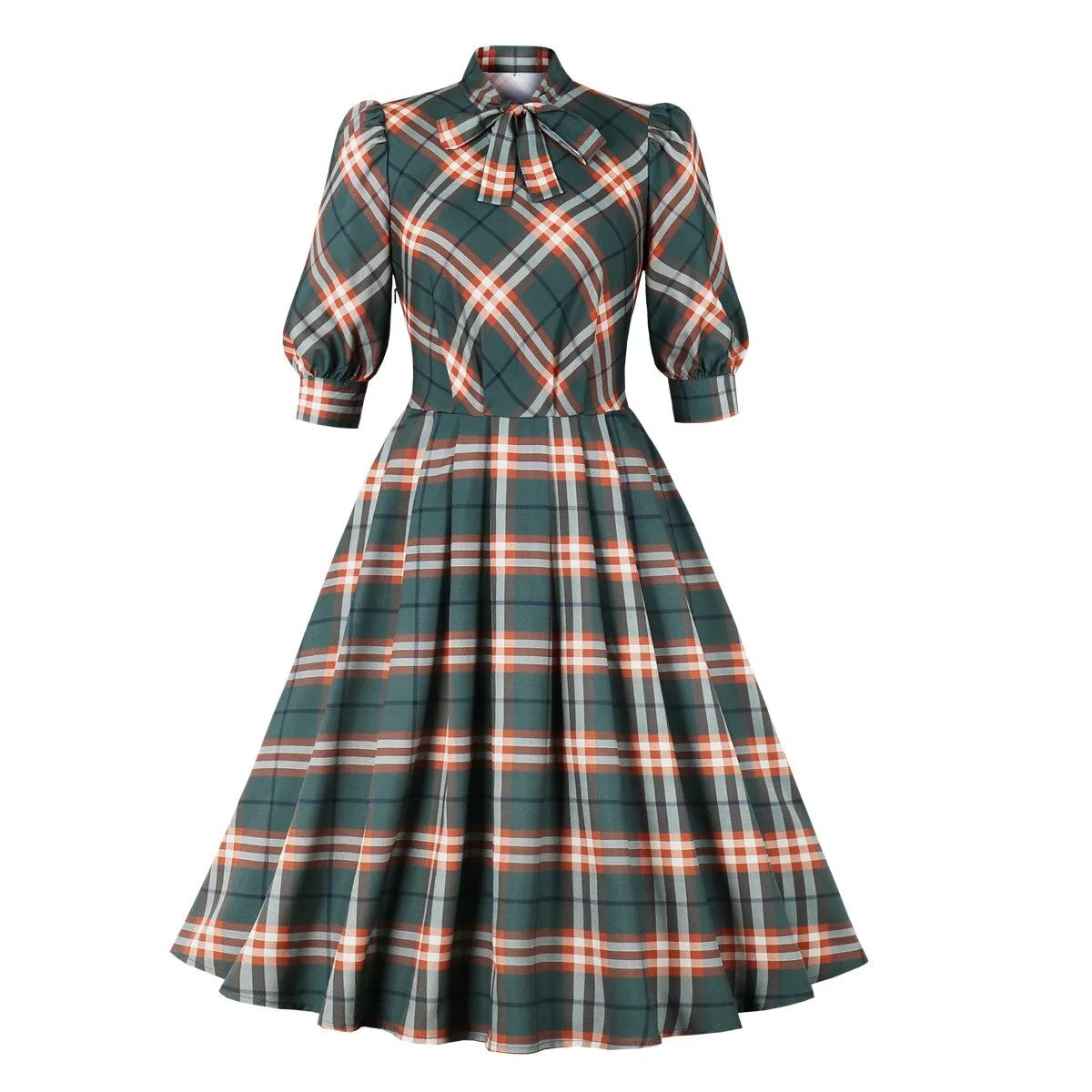 1950s Plaid Casual Sundresses 3/4 Sleeve Robe Pin Up Swing Retro Party Vintage Dress