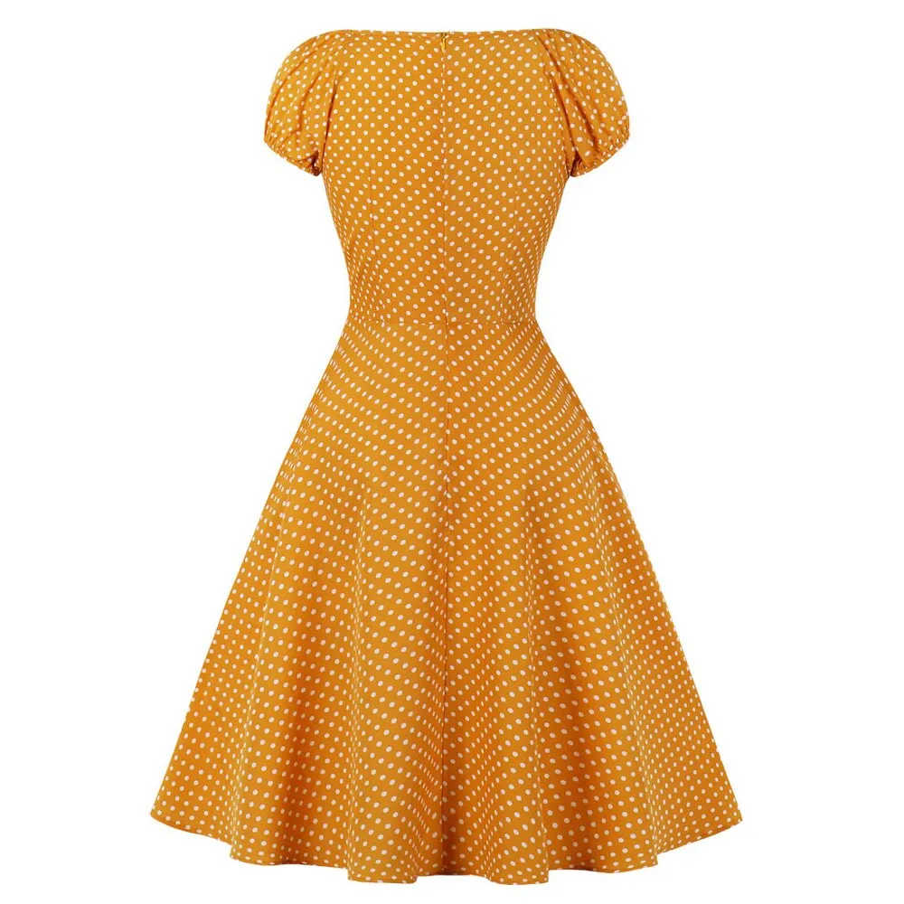 1950s Yellow Polka Dot Casual V Neck High Waist Short Sleeve Robe Pin Up Swing Retro Vintage Dress