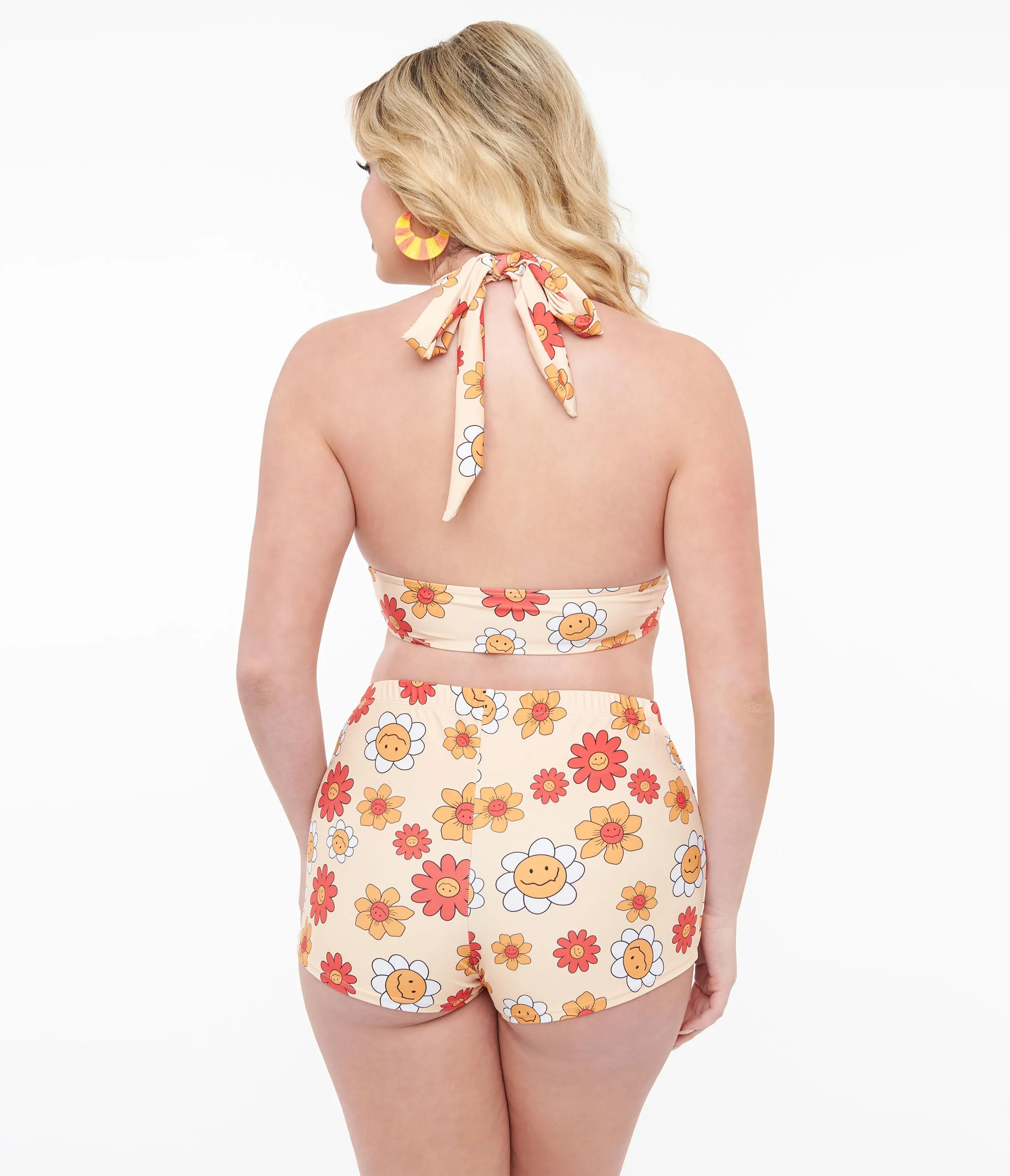 1970s Yellow & Happy Face Floral Print Three Piece Swim Set