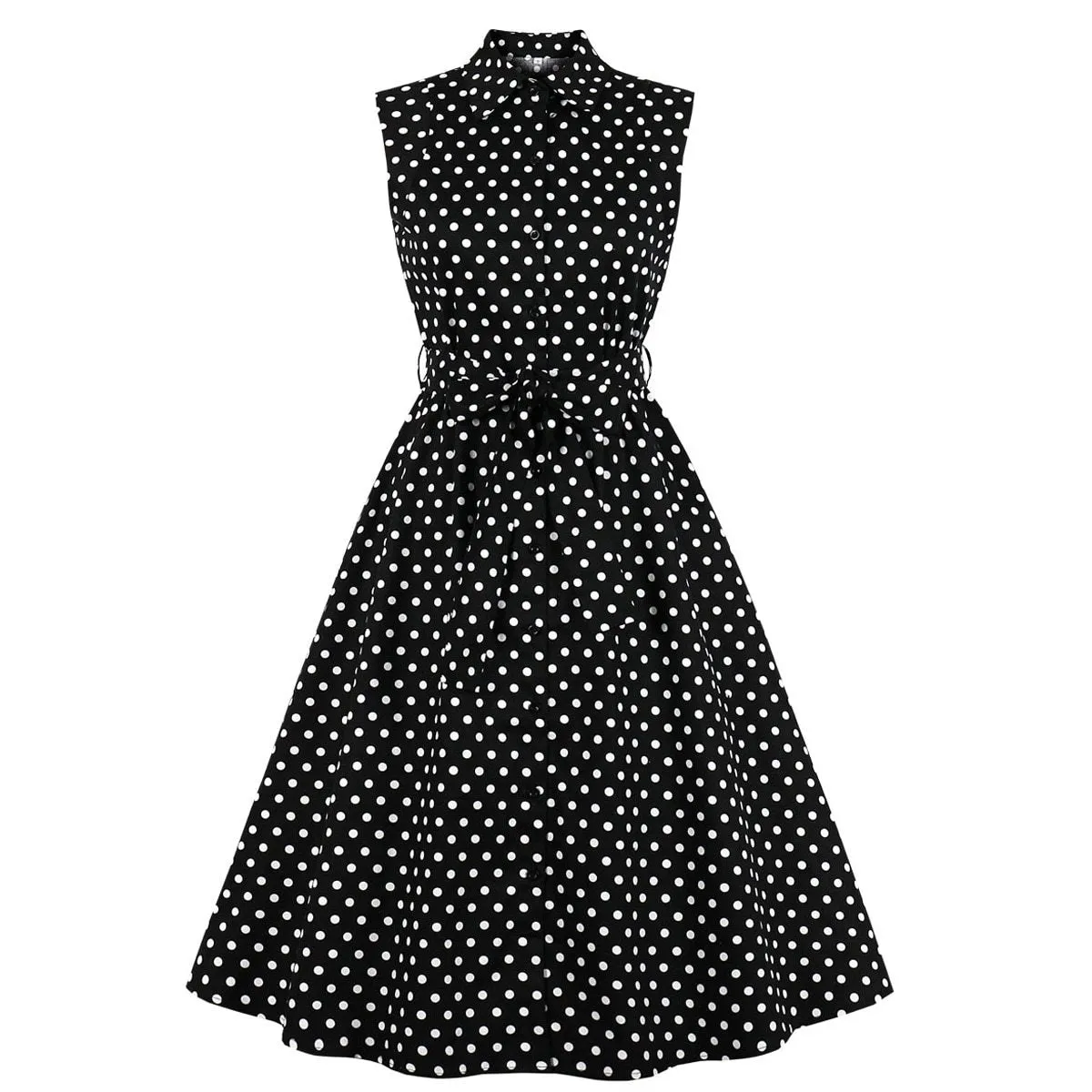 2021 Sleeveless Women Rockabilly Party Dress With Belt 50s 60s Black Polka Dot Printed Cotton Swing Plus Size Casual Sundress