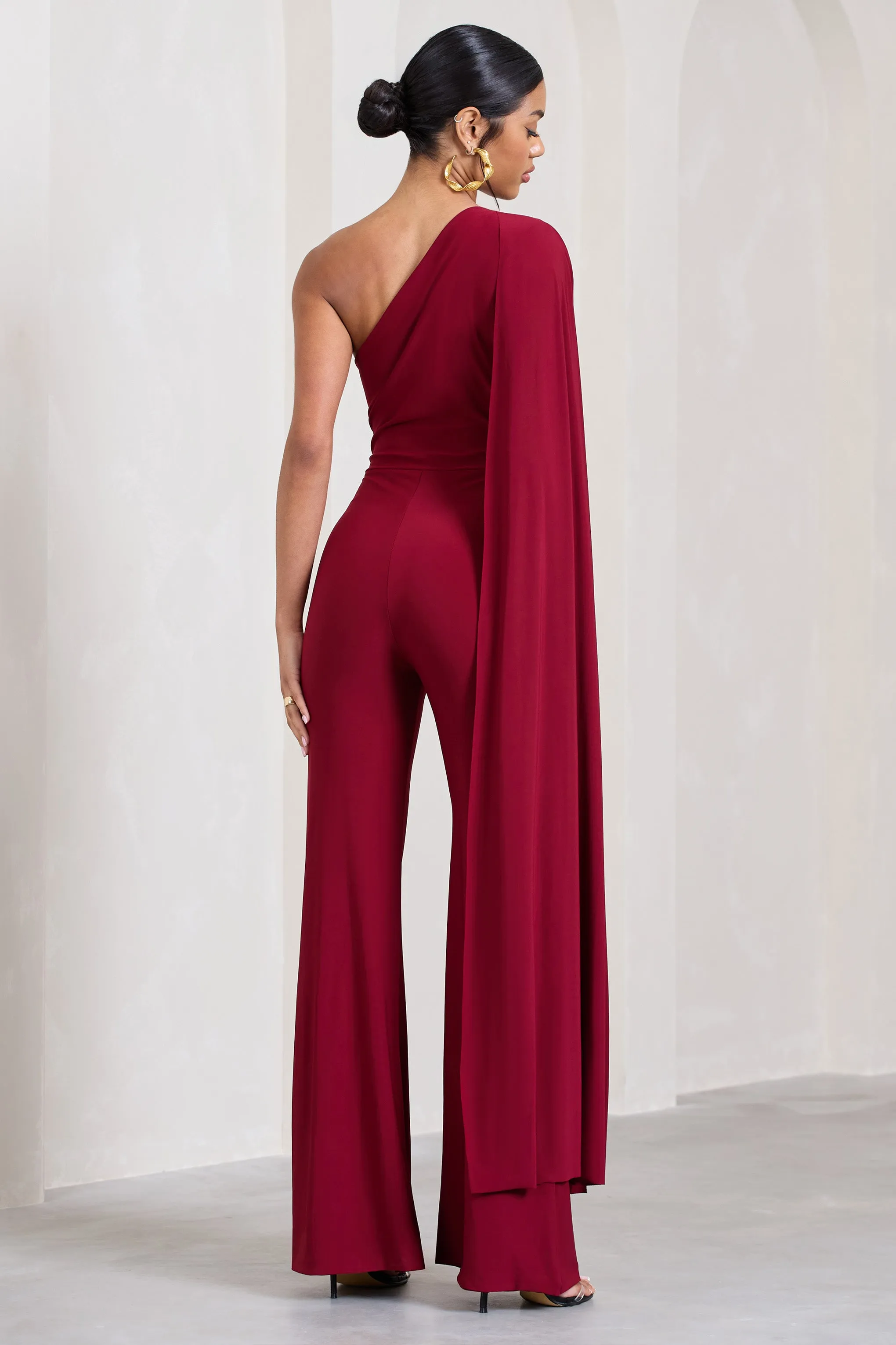 Aurora | Berry One Shoulder Cape Sleeve Jumpsuit