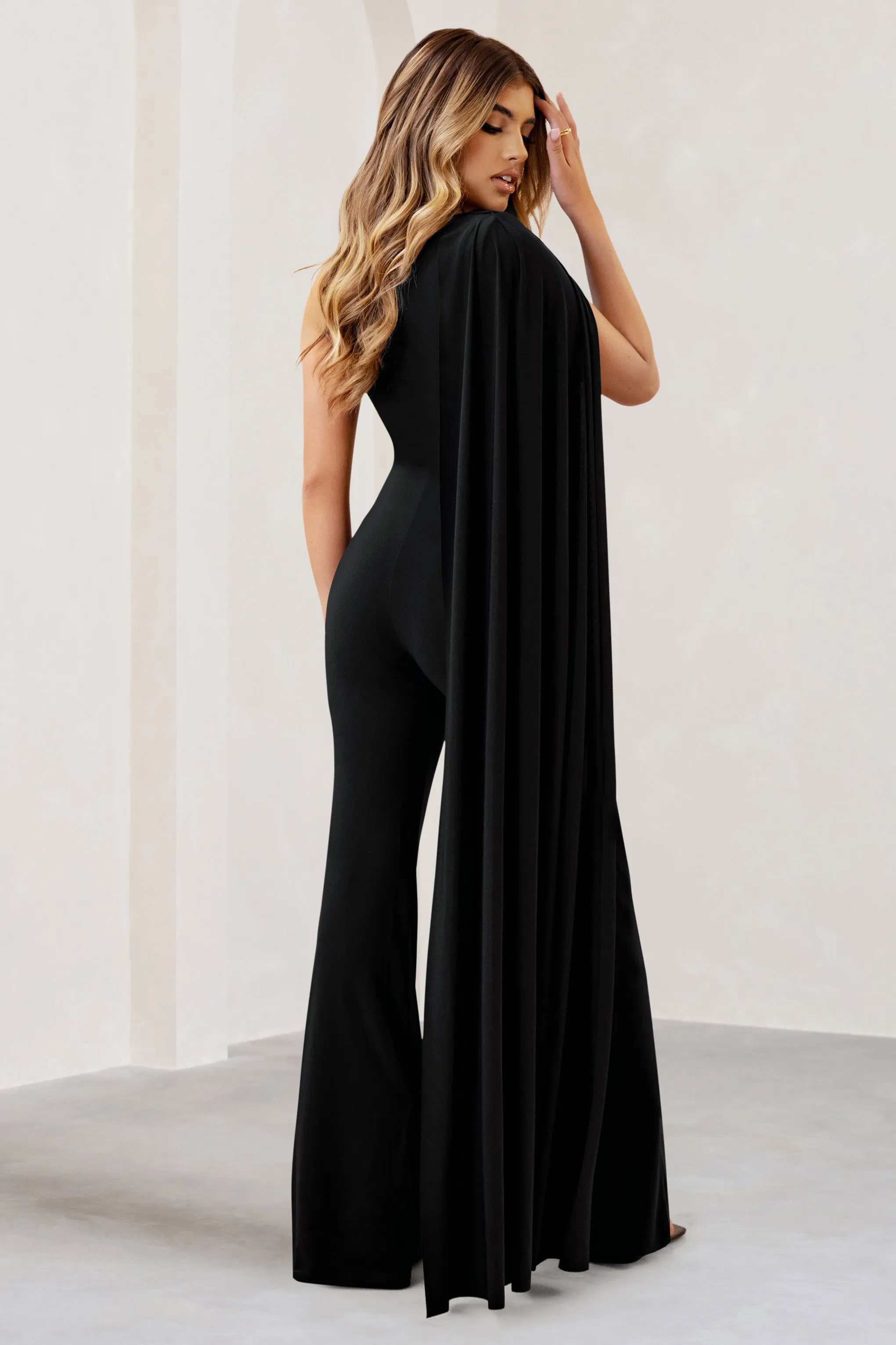 Aurora | Black One Shoulder Cape Sleeve Jumpsuit