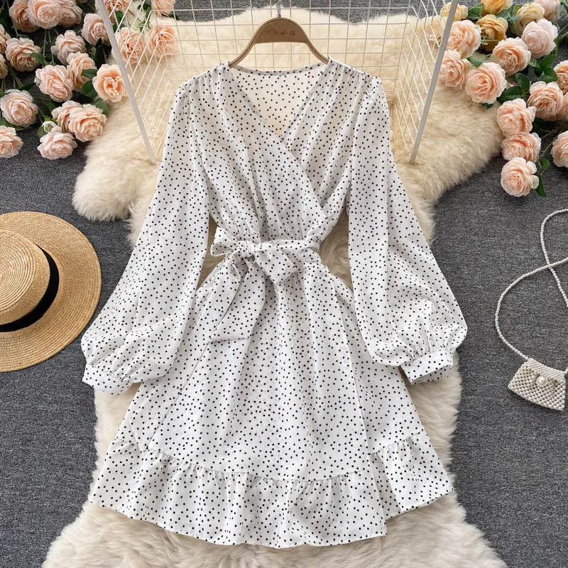 Autumn Long Sleeve Dress Women Fashion Vintage Elegant V Neck Ruffle Hem Wrap Dress Polka Dot Casual Mini Dress