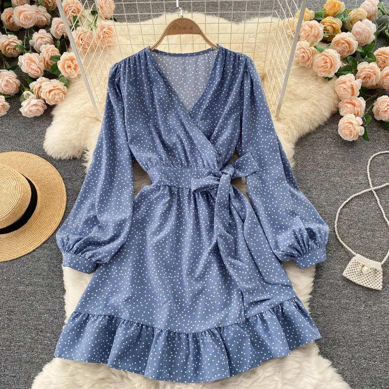 Autumn Long Sleeve Dress Women Fashion Vintage Elegant V Neck Ruffle Hem Wrap Dress Polka Dot Casual Mini Dress