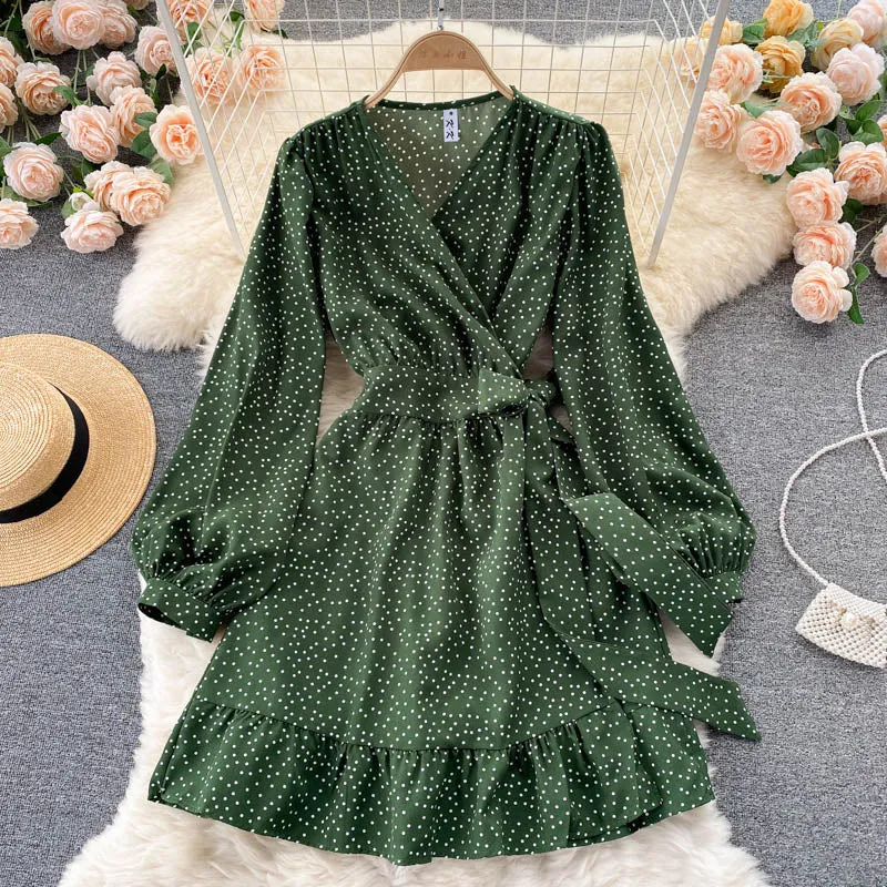 Autumn Long Sleeve Dress Women Fashion Vintage Elegant V Neck Ruffle Hem Wrap Dress Polka Dot Casual Mini Dress