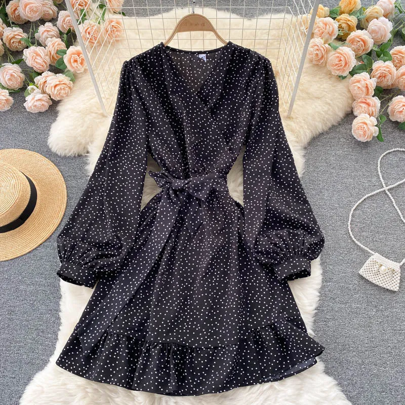 Autumn Long Sleeve Dress Women Fashion Vintage Elegant V Neck Ruffle Hem Wrap Dress Polka Dot Casual Mini Dress