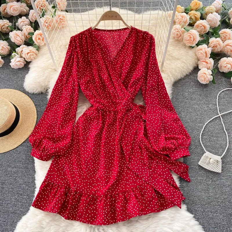 Autumn Long Sleeve Dress Women Fashion Vintage Elegant V Neck Ruffle Hem Wrap Dress Polka Dot Casual Mini Dress