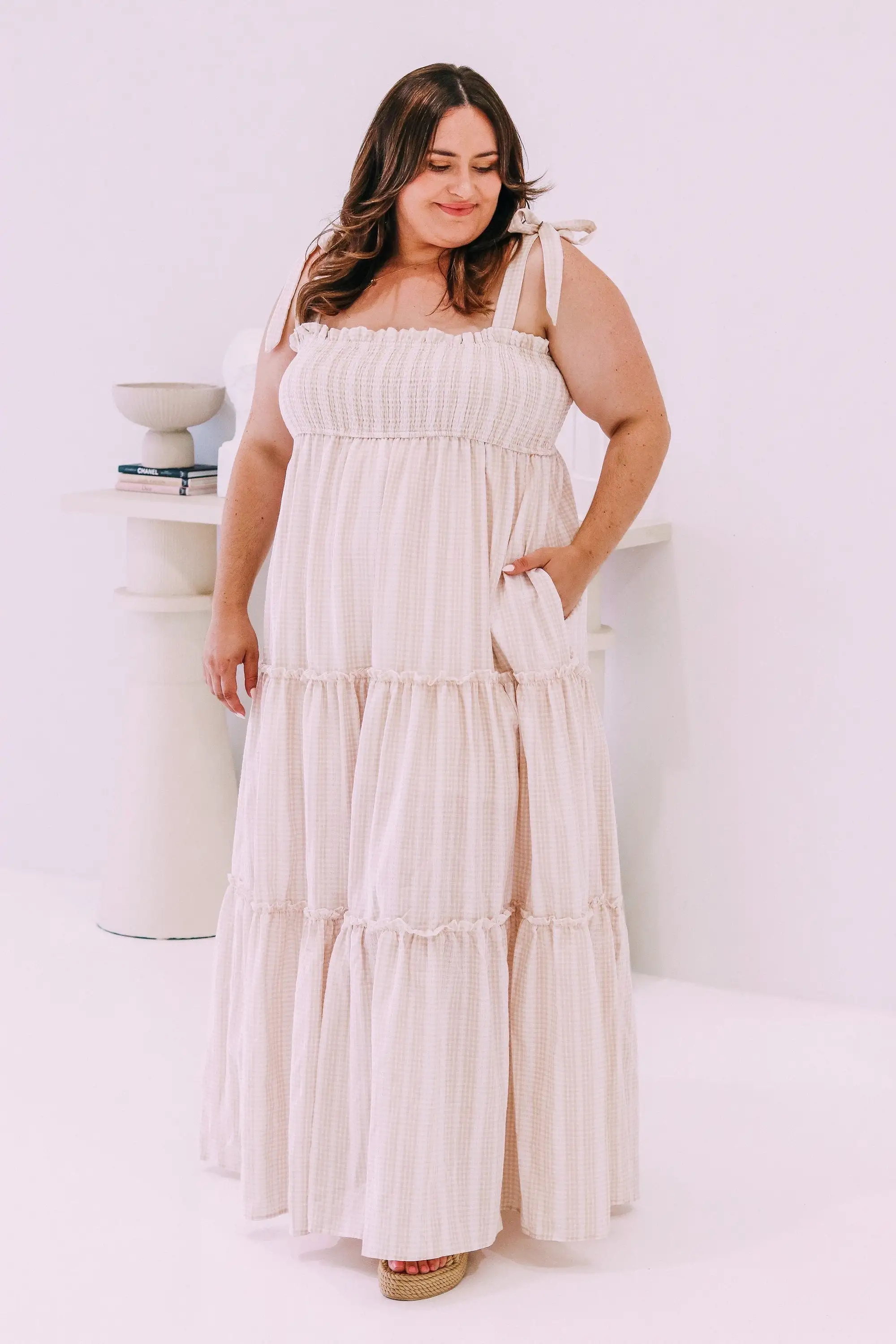 Baby Doll Maxi - Beige Gingham