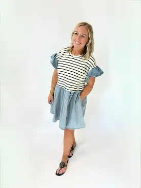 Back When Striped Denim Ruffle Dress