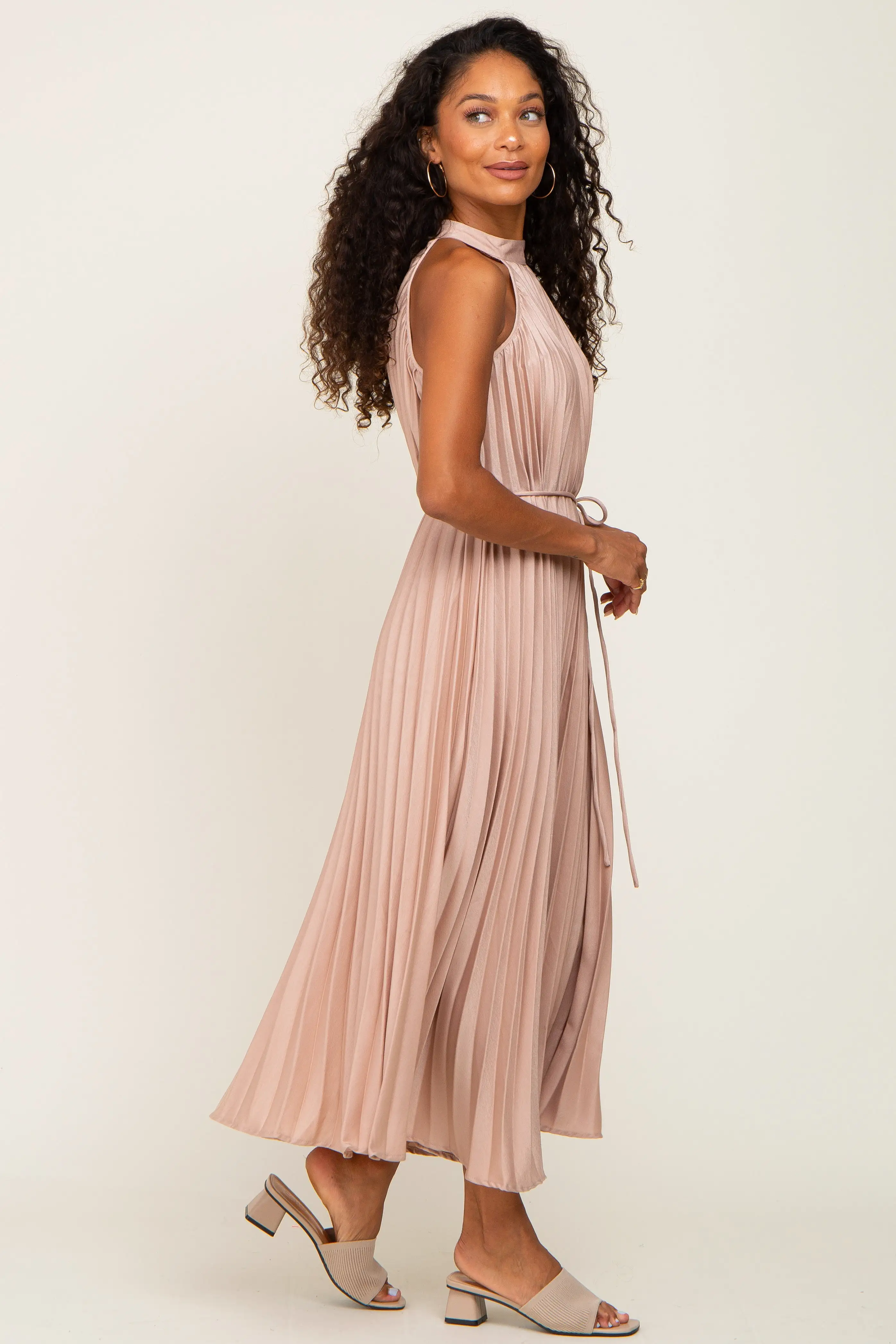 Beige Pleated Halter Dress