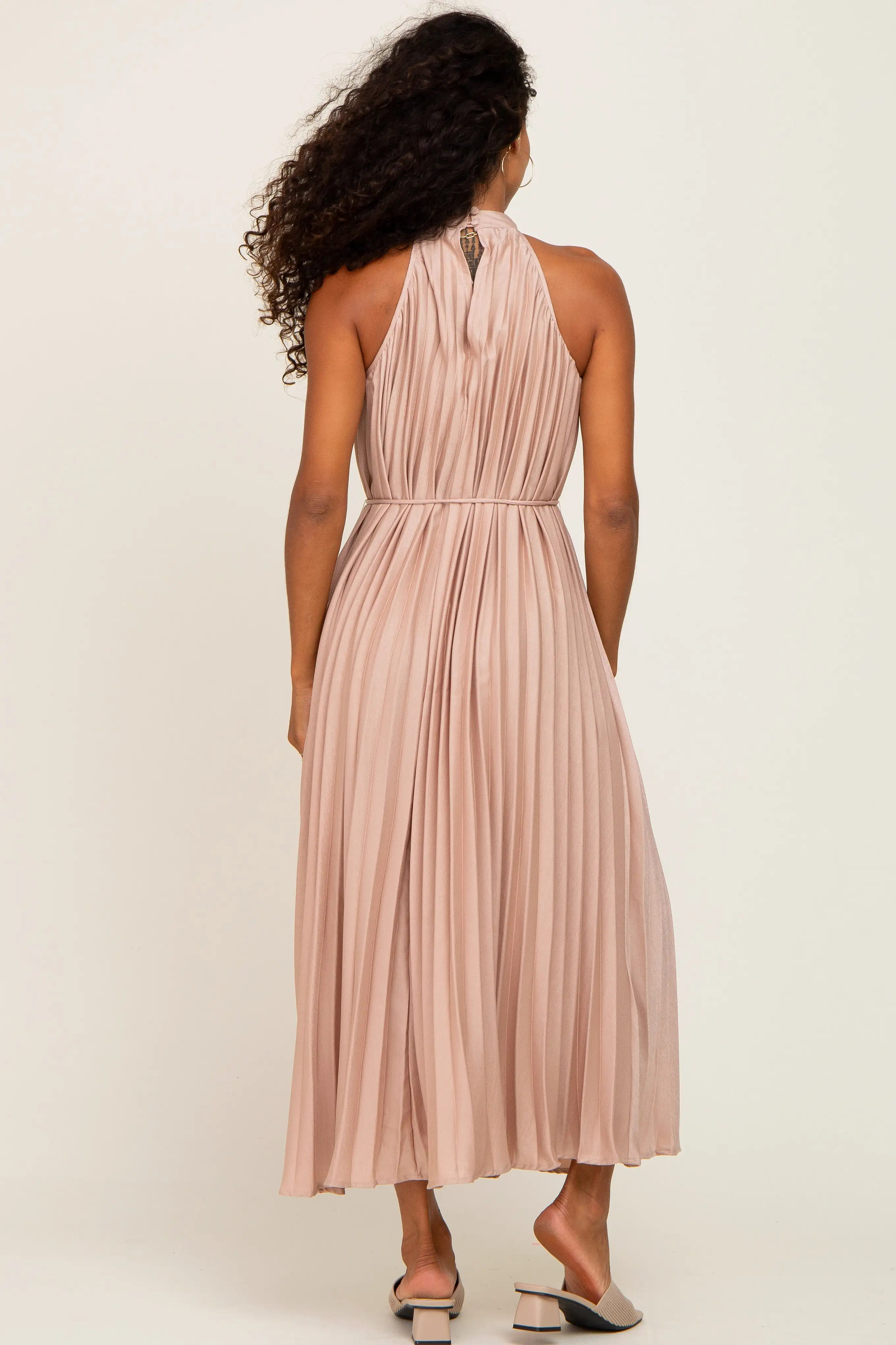 Beige Pleated Halter Dress