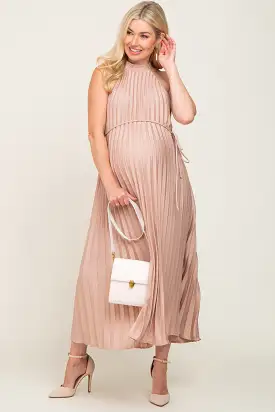 Beige Pleated Maternity Halter Dress