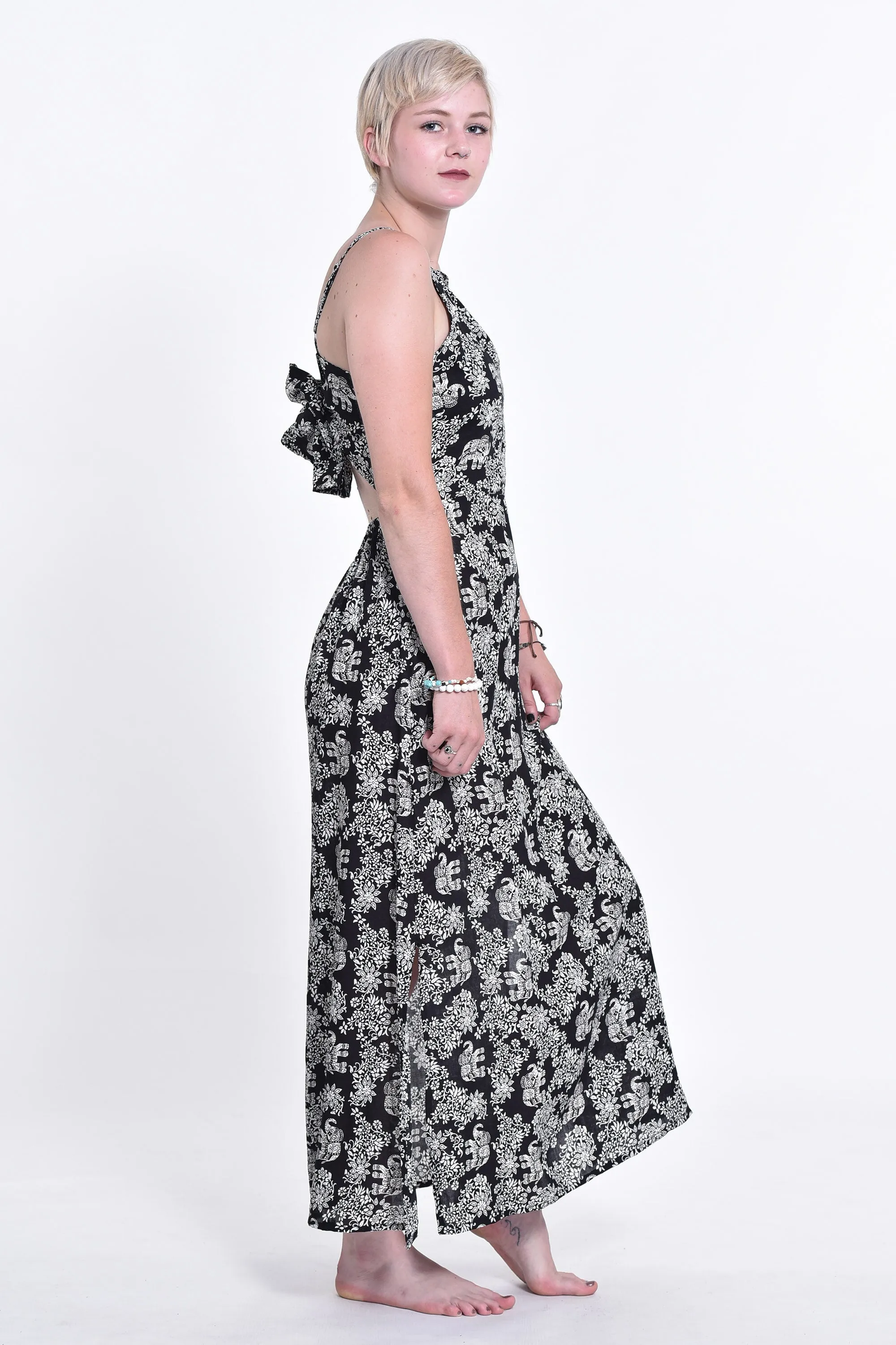 Blooming Elephant Tie Back Maxi Dress in Black