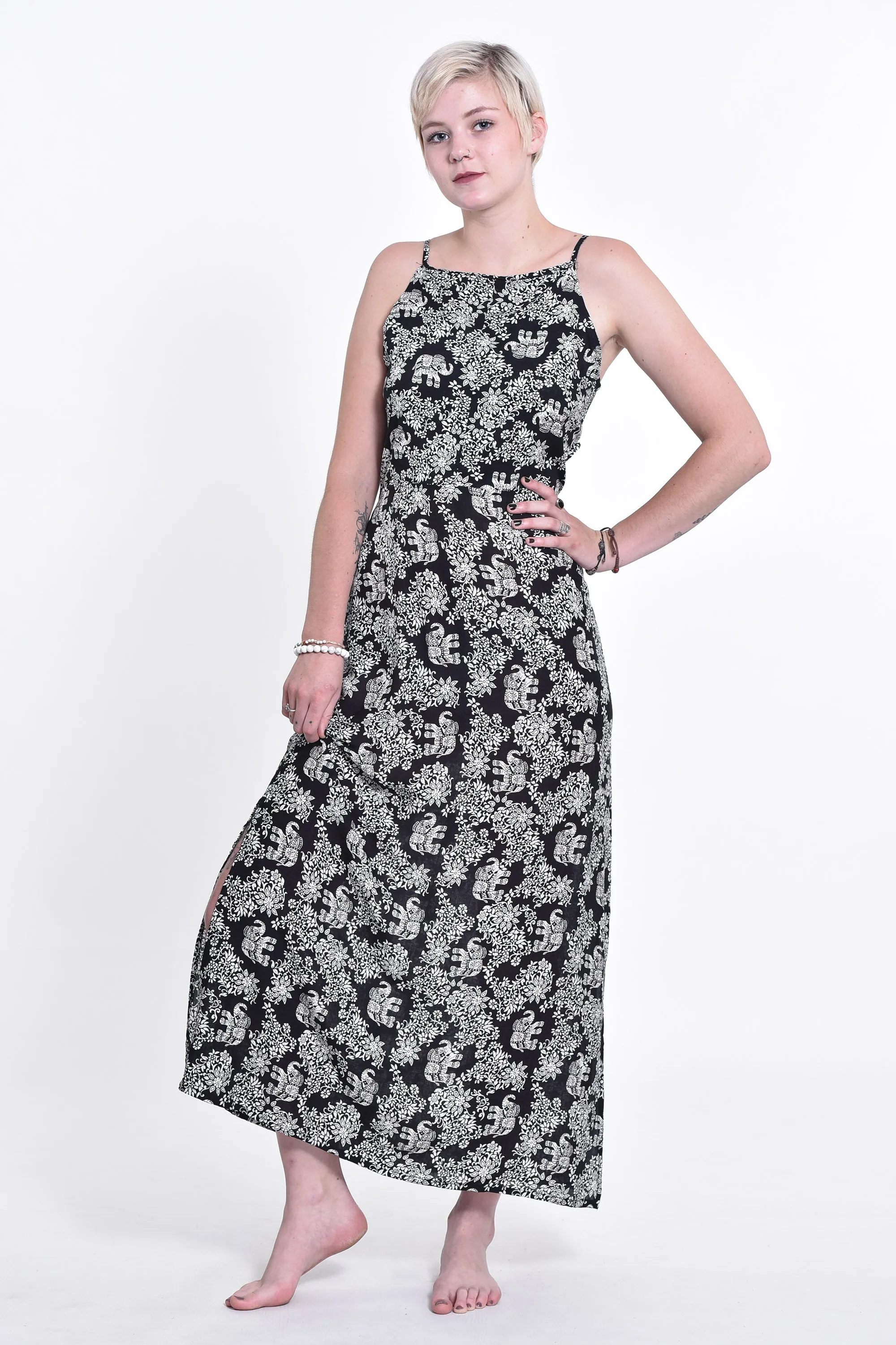 Blooming Elephant Tie Back Maxi Dress in Black