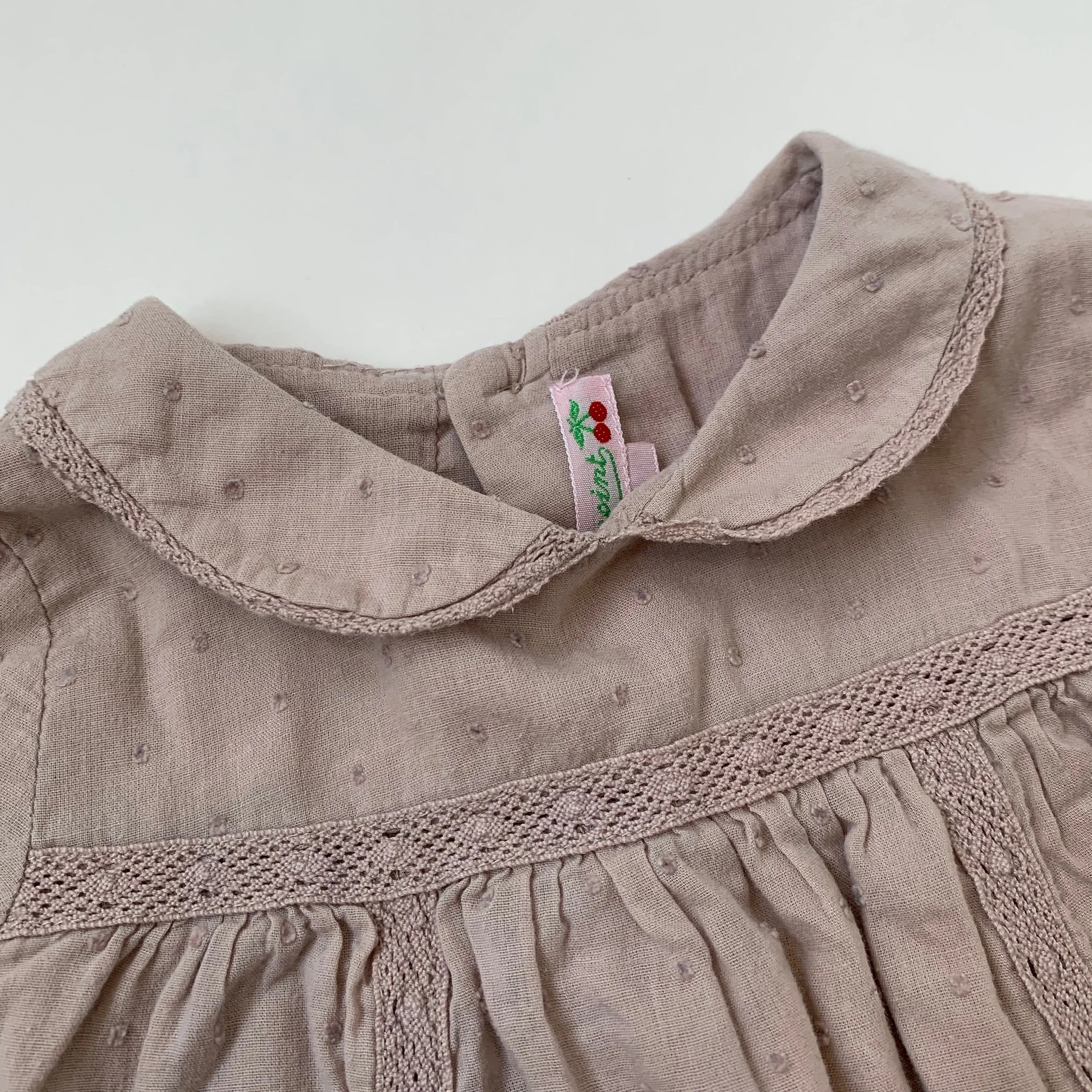 Bonpoint Taupe Swiss Dot Dress With Lace Trim: 18 Months