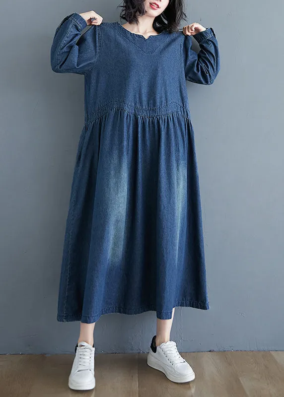 Casual Denim Blue Patchwork Long Dress Long Sleeve