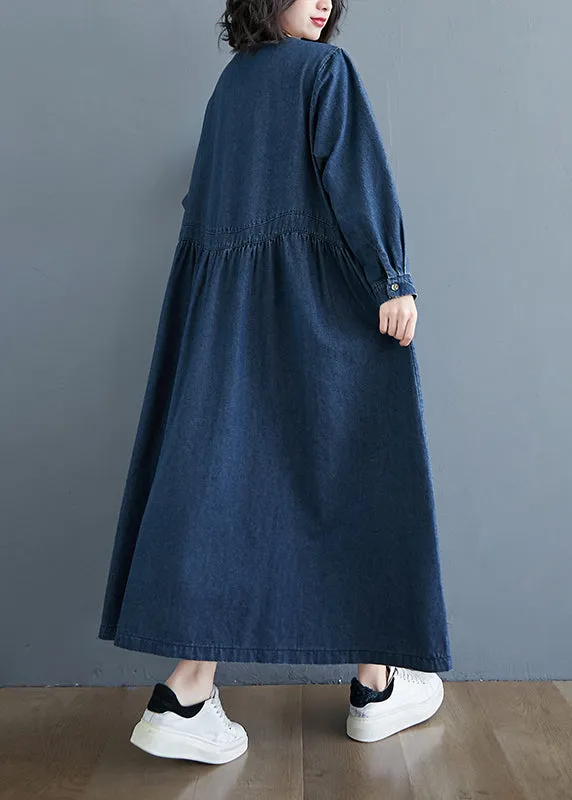 Casual Denim Blue Patchwork Long Dress Long Sleeve