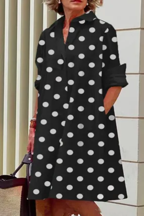 Casual Print Polka Dot Patchwork Buckle Turndown Collar Shirt Dress Dresses(13 Colors)