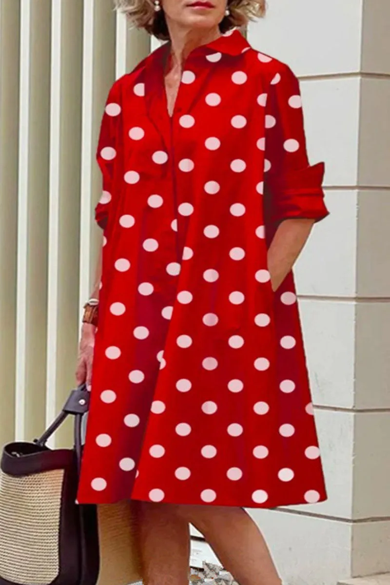 Casual Print Polka Dot Patchwork Buckle Turndown Collar Shirt Dress Dresses(13 Colors)