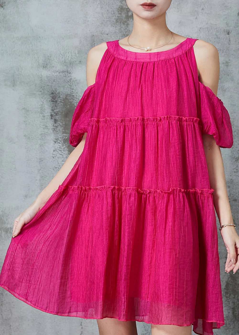 Casual Rose Cold Shoulder Ruffled Mid Dress Summer