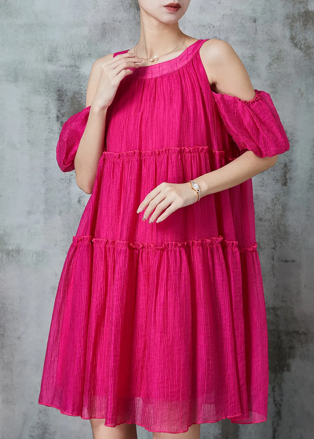 Casual Rose Cold Shoulder Ruffled Mid Dress Summer