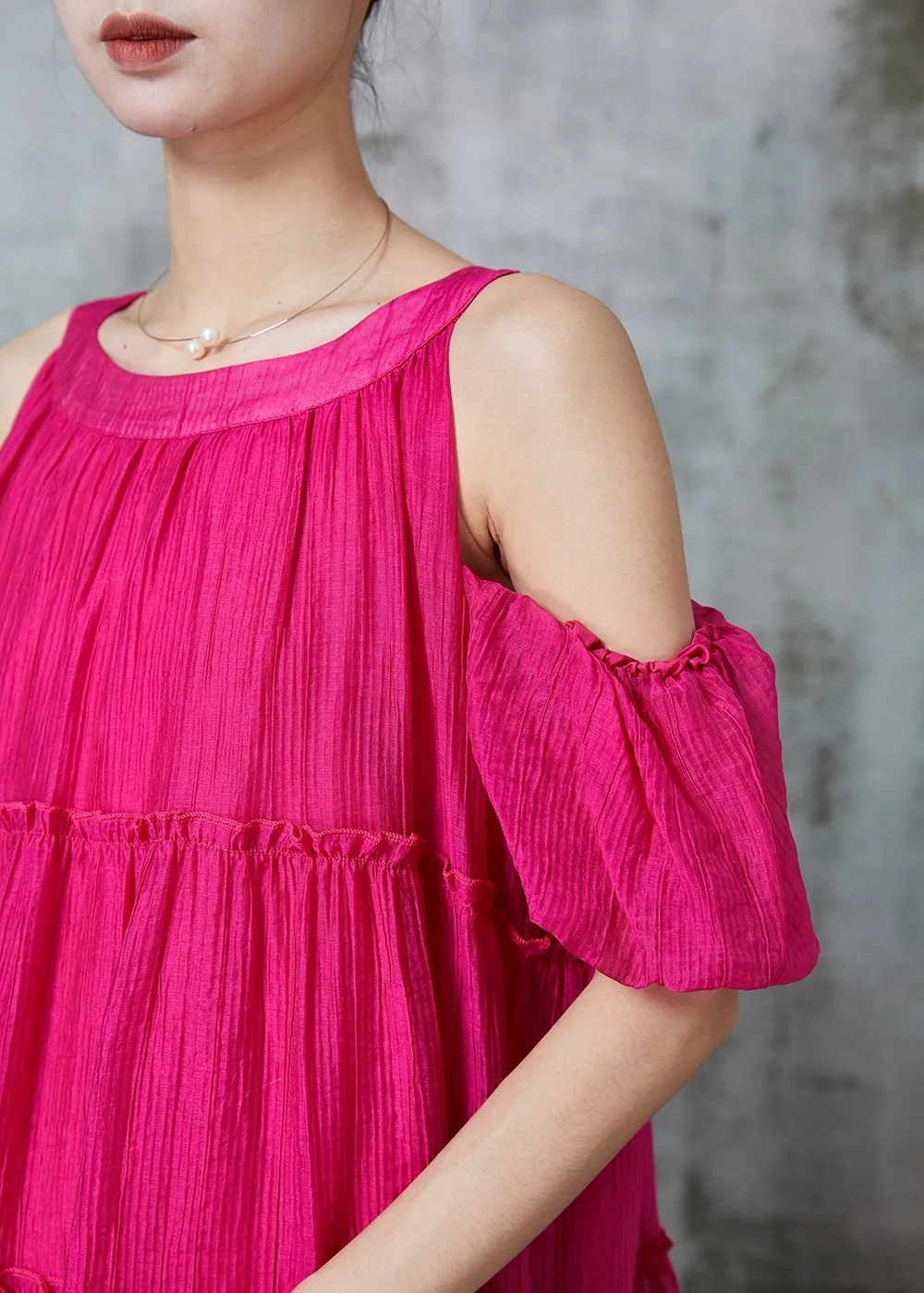 Casual Rose Cold Shoulder Ruffled Mid Dress Summer