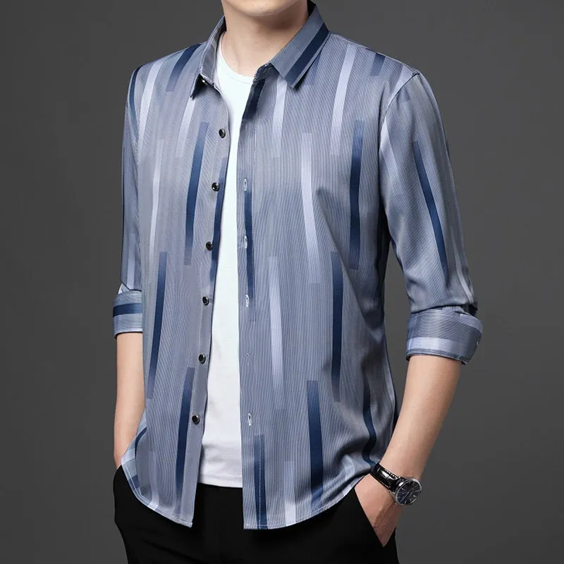 Casual Vintage Fashion Designer Striped Slim Fit Long Sleeve Shirt for Men