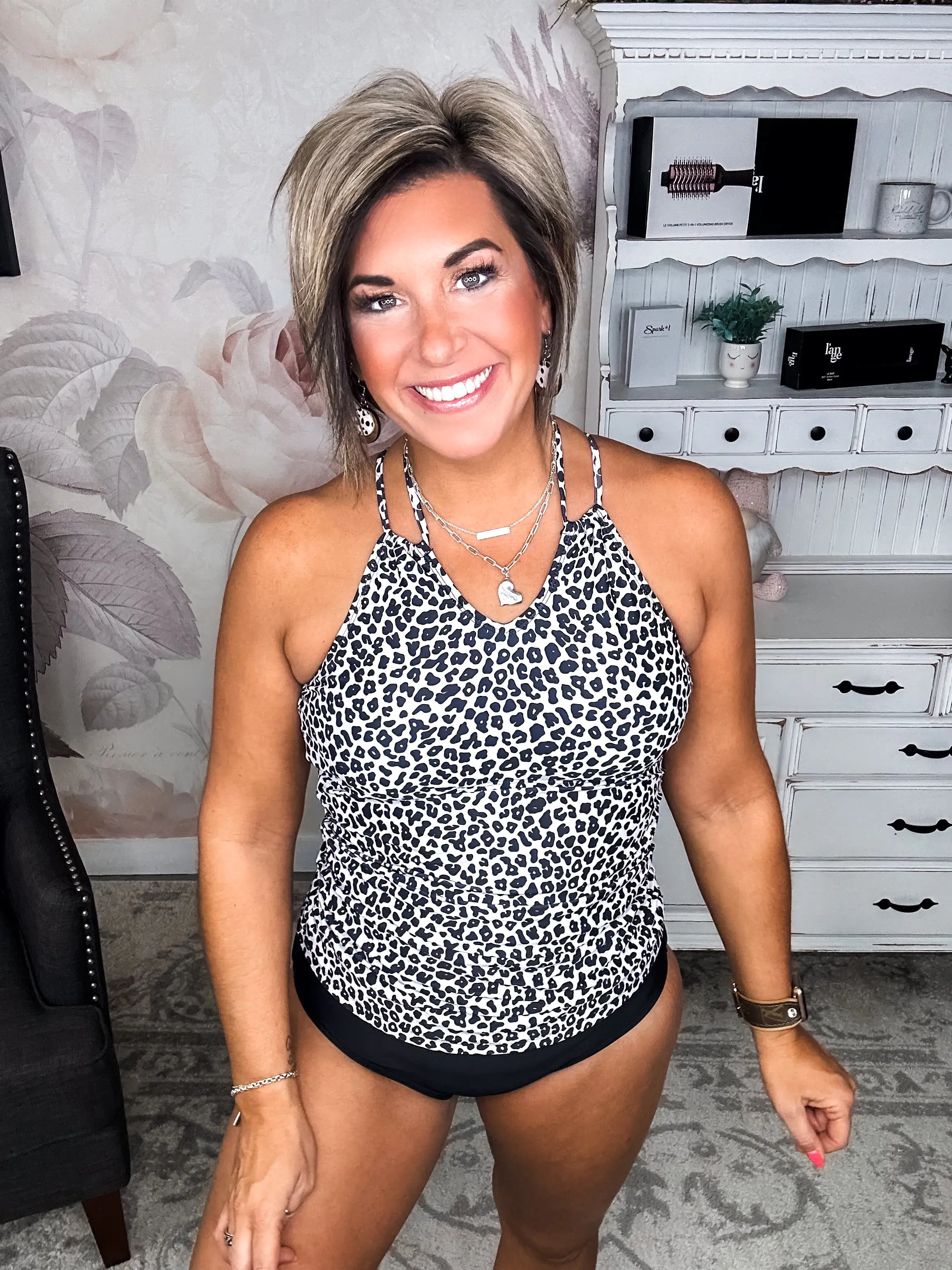 Chasing Sunsets Tankini Swim Top - Taupe & Black Leopard