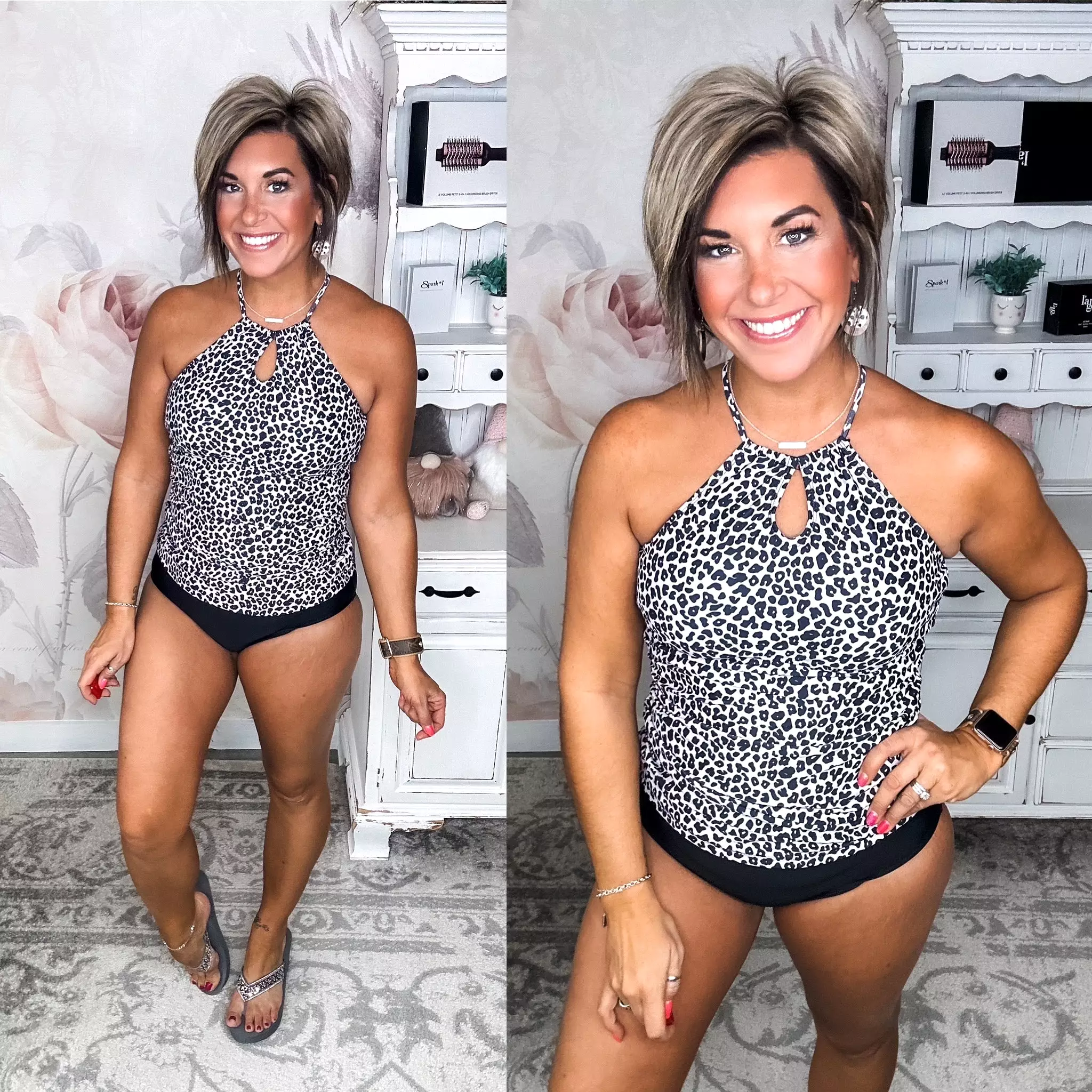 Chasing Sunsets Tankini Swim Top - Taupe & Black Leopard