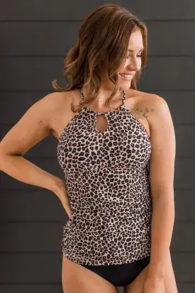 Chasing Sunsets Tankini Swim Top - Taupe & Black Leopard