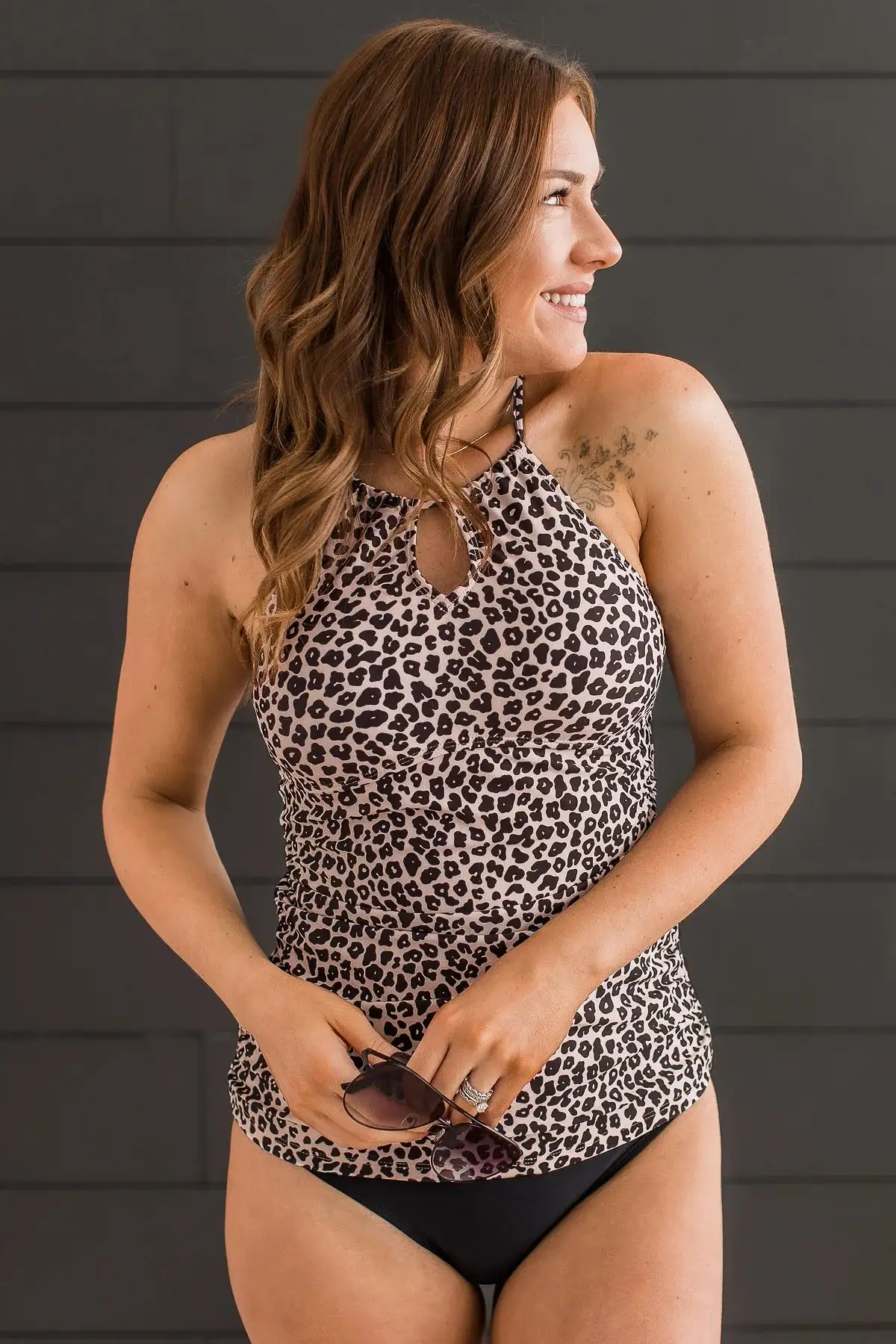 Chasing Sunsets Tankini Swim Top - Taupe & Black Leopard