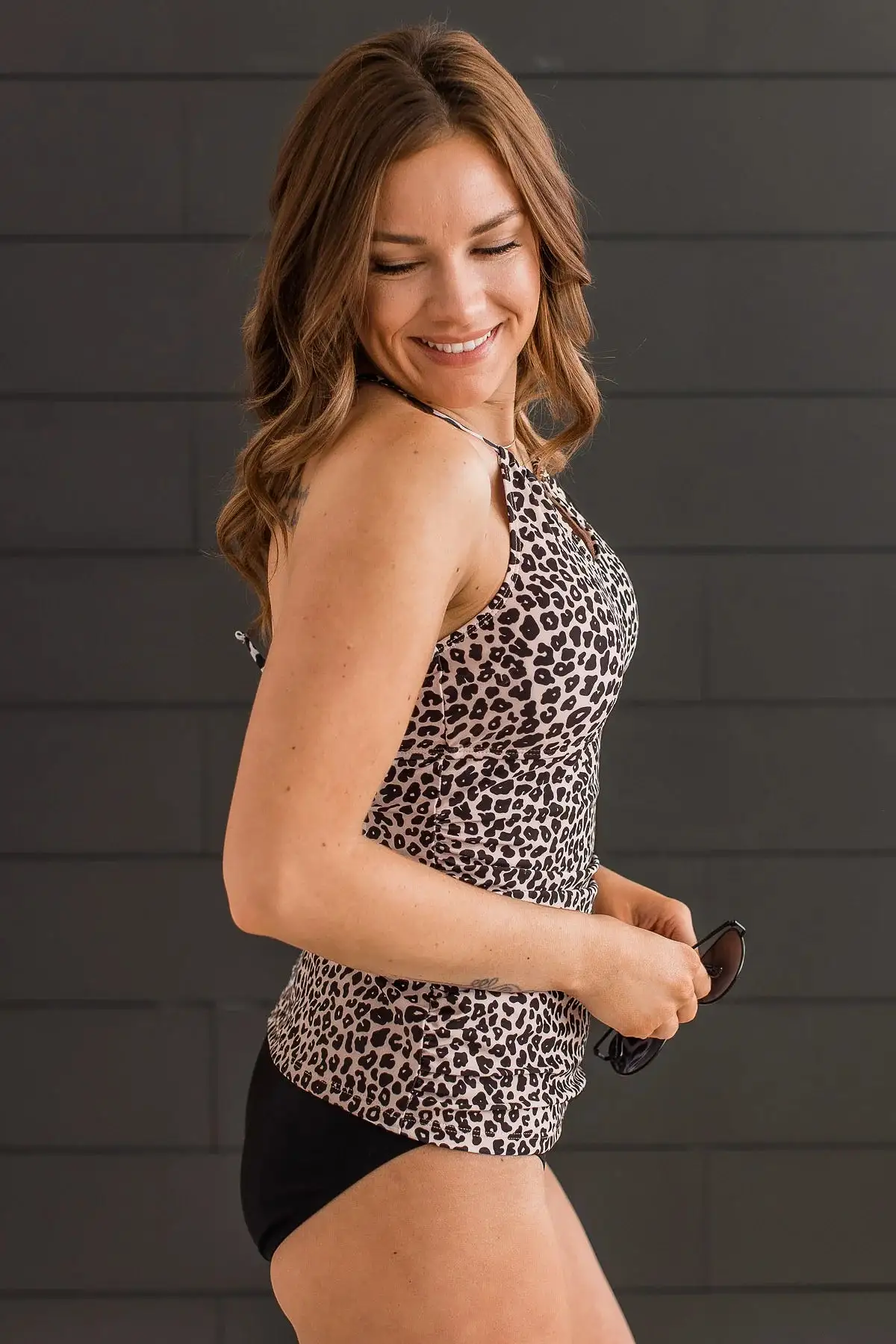 Chasing Sunsets Tankini Swim Top - Taupe & Black Leopard