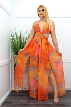 Chiffon Tie Back Slit Maxi Dress