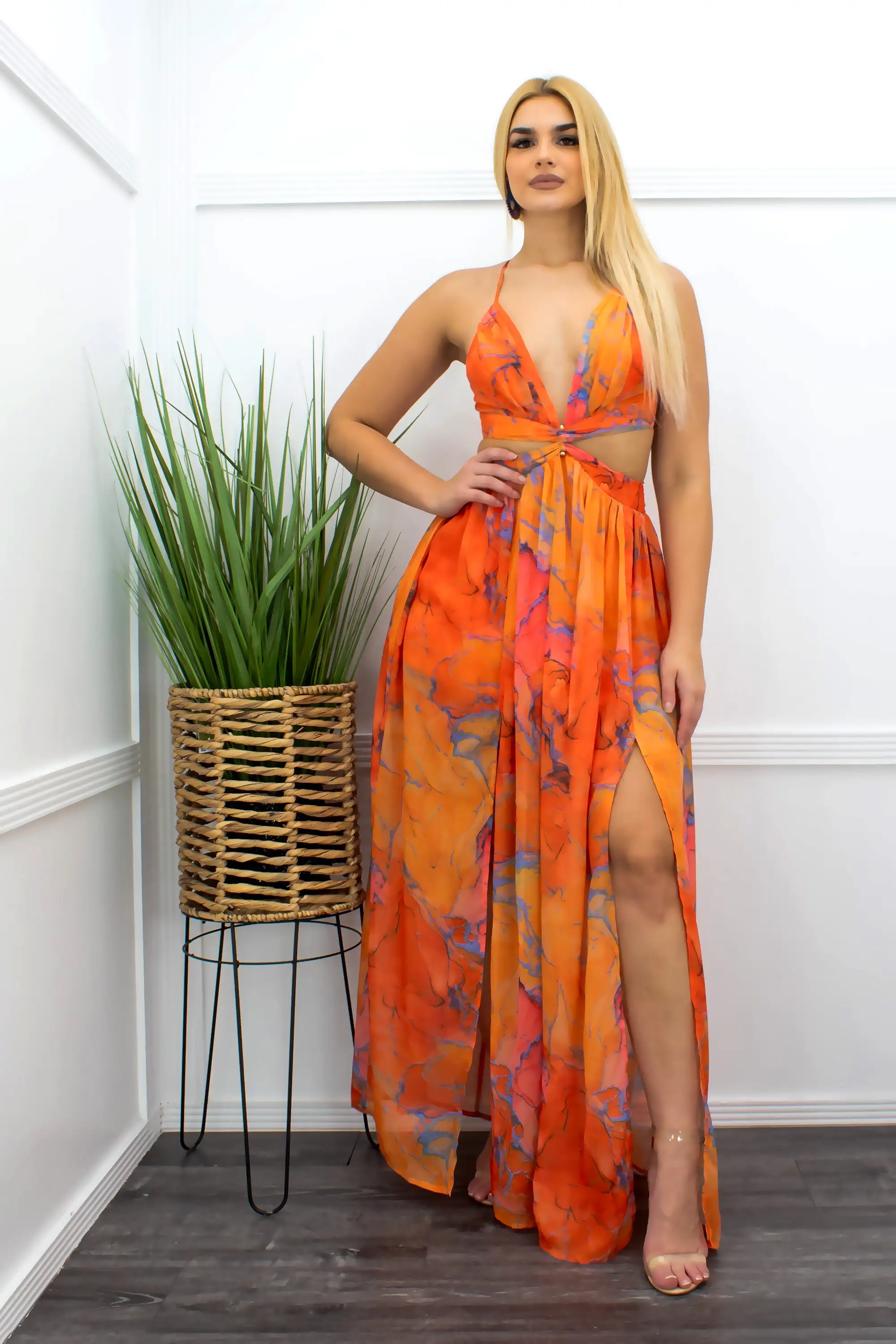 Chiffon Tie Back Slit Maxi Dress