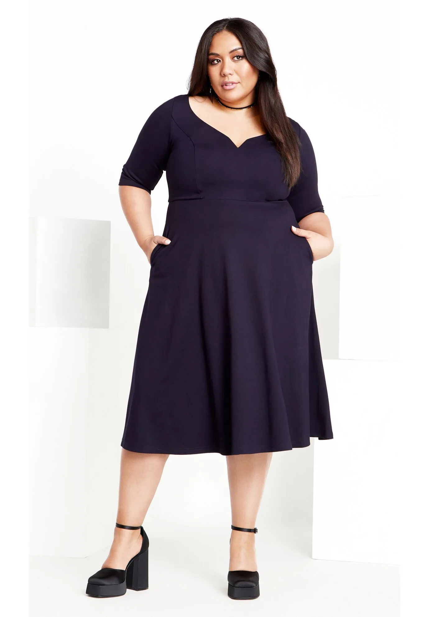 Cute Girl Elbow Sleeve Dress - navy