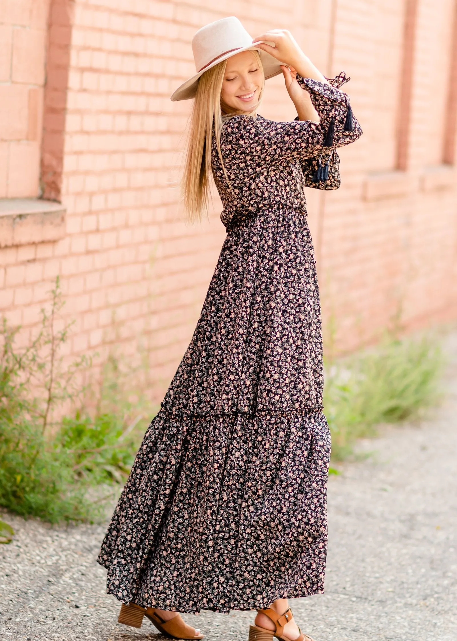 Ditsy Print Floral Tie Sleeve Maxi Dress - FINAL SALE