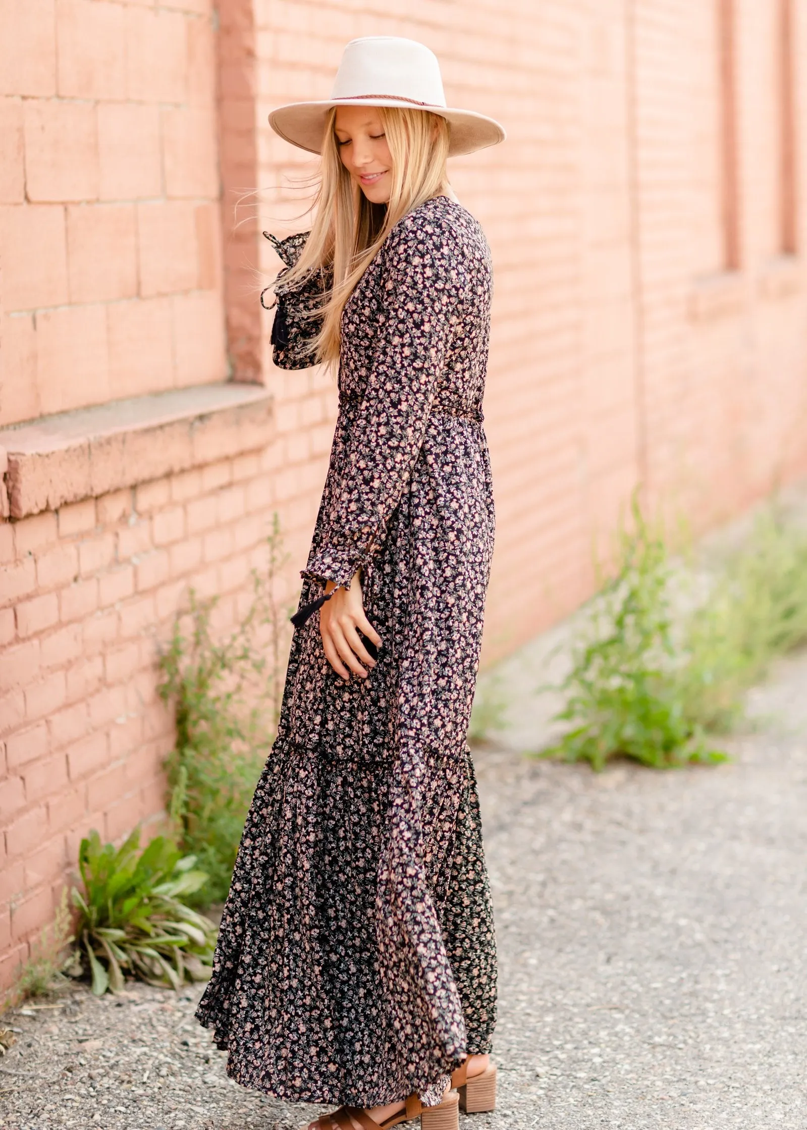 Ditsy Print Floral Tie Sleeve Maxi Dress - FINAL SALE