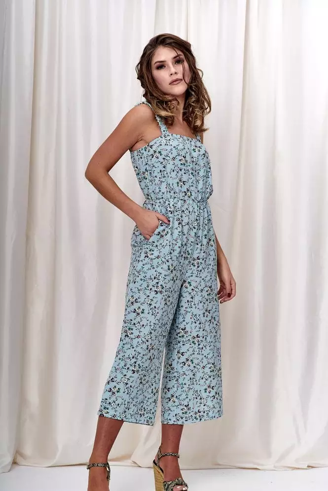 Double Second Blue Floral Print Wide Leg Jumpsuit