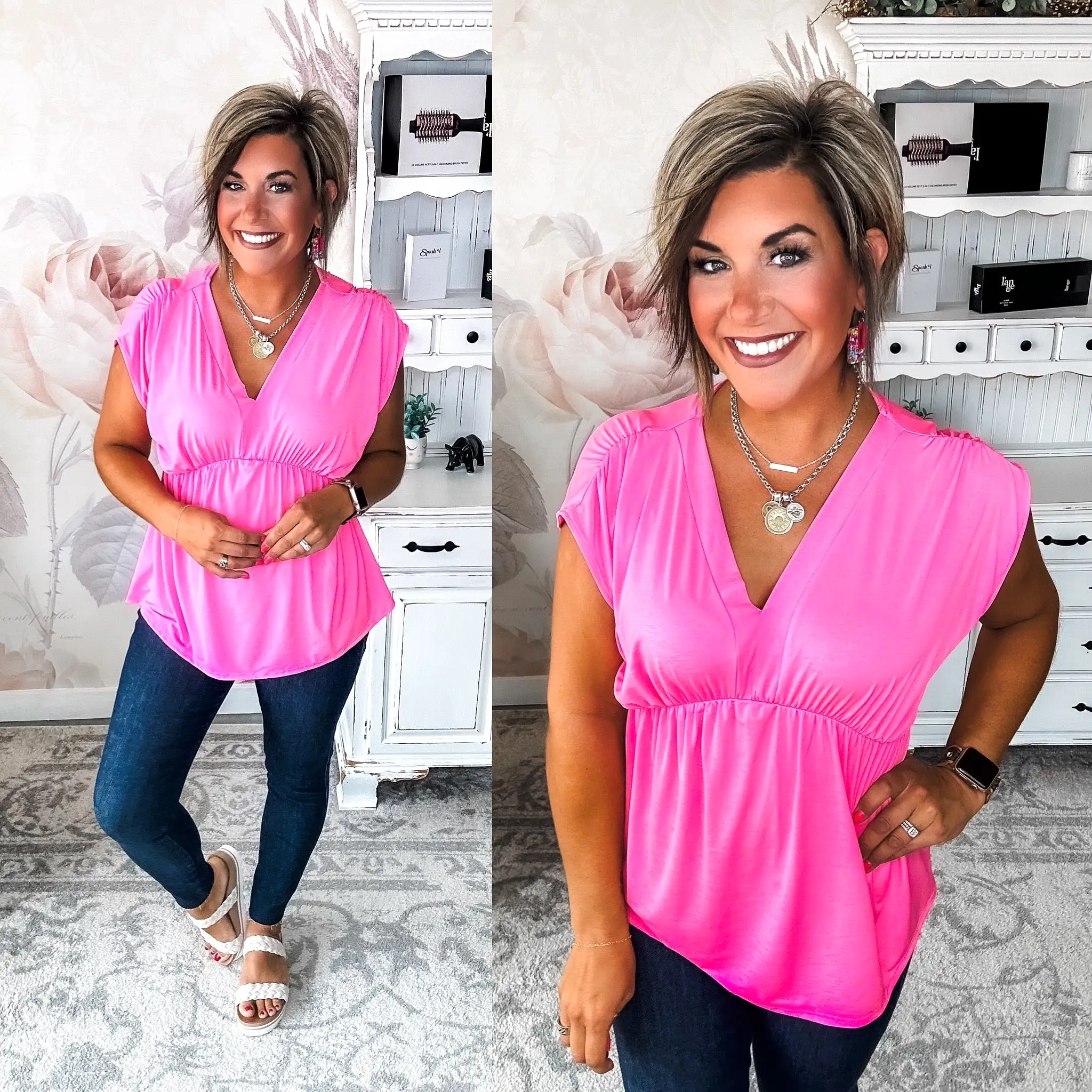 Dream On Peplum Short Sleeve Top - Neon Pink