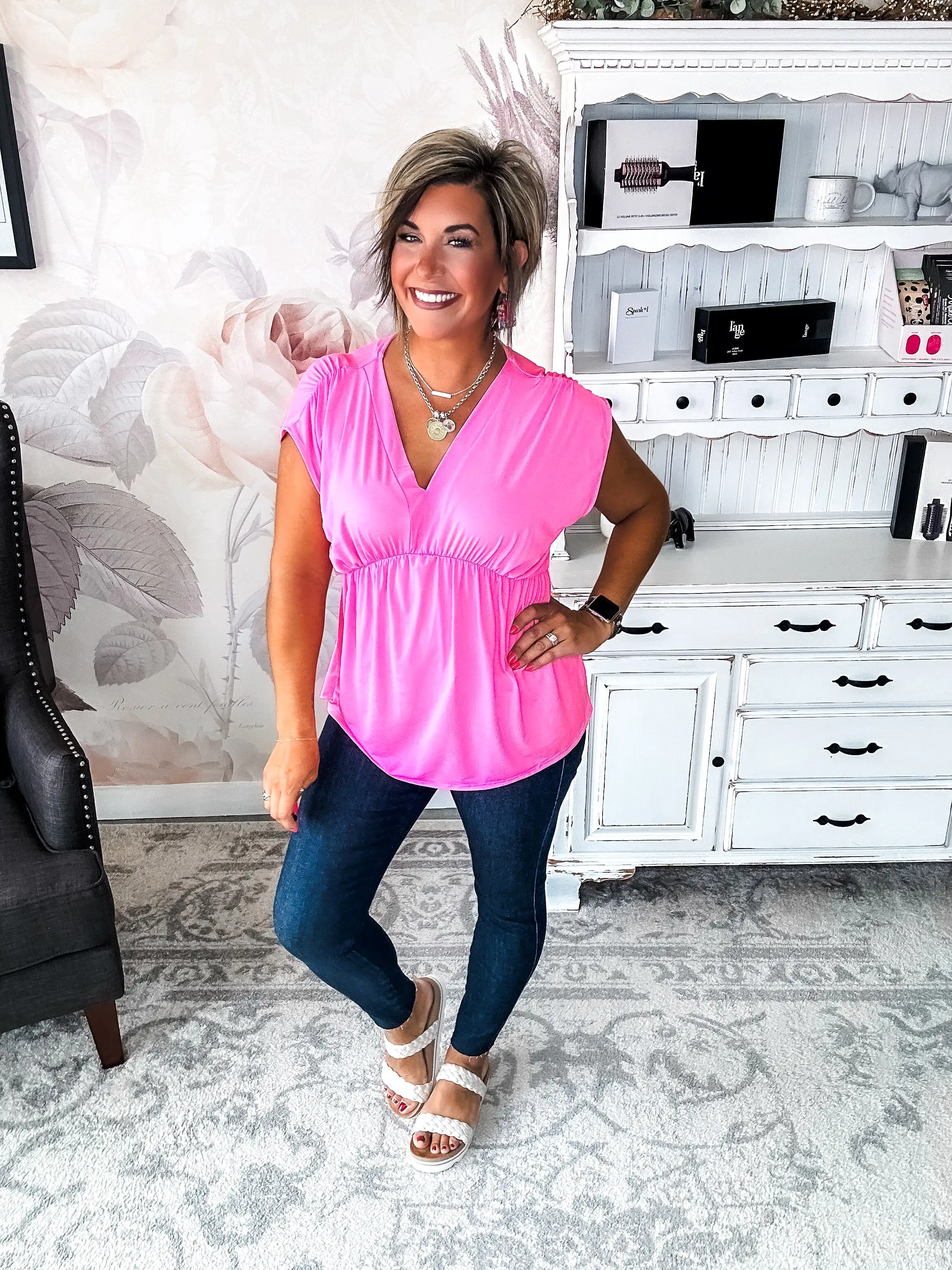 Dream On Peplum Short Sleeve Top - Neon Pink