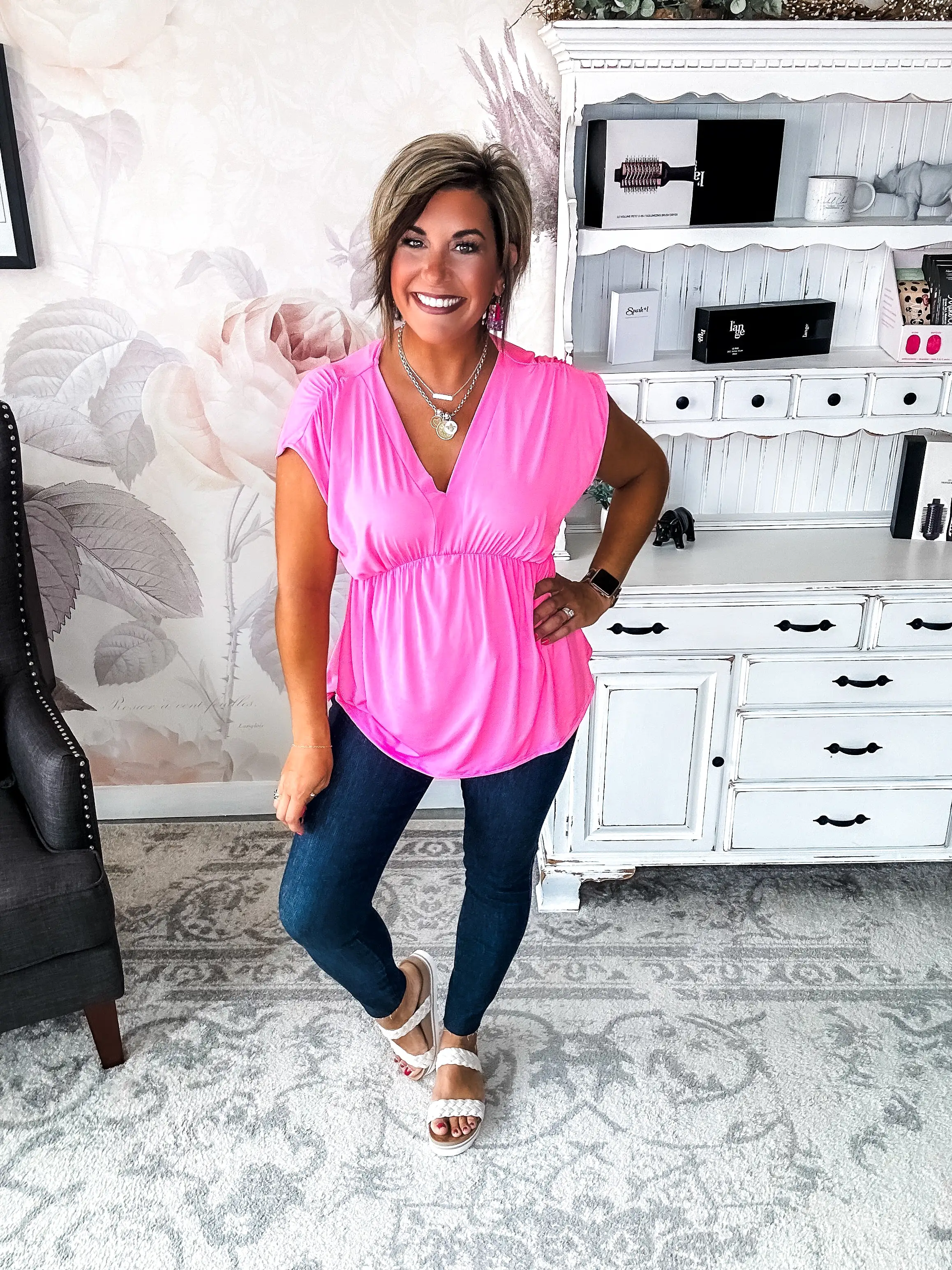 Dream On Peplum Short Sleeve Top - Neon Pink