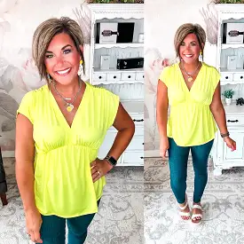 Dream On Peplum Short Sleeve Top - Neon Yellow