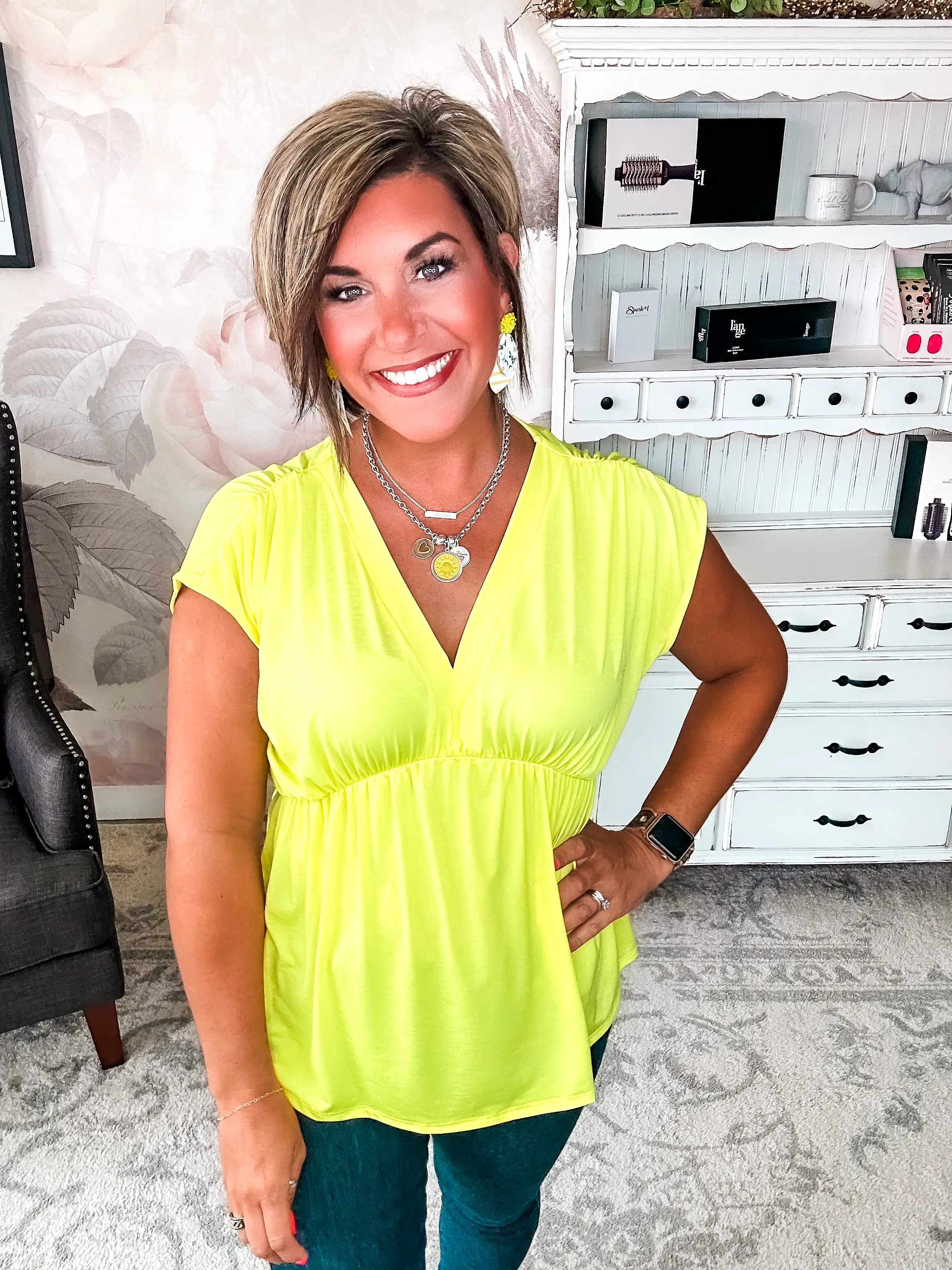 Dream On Peplum Short Sleeve Top - Neon Yellow