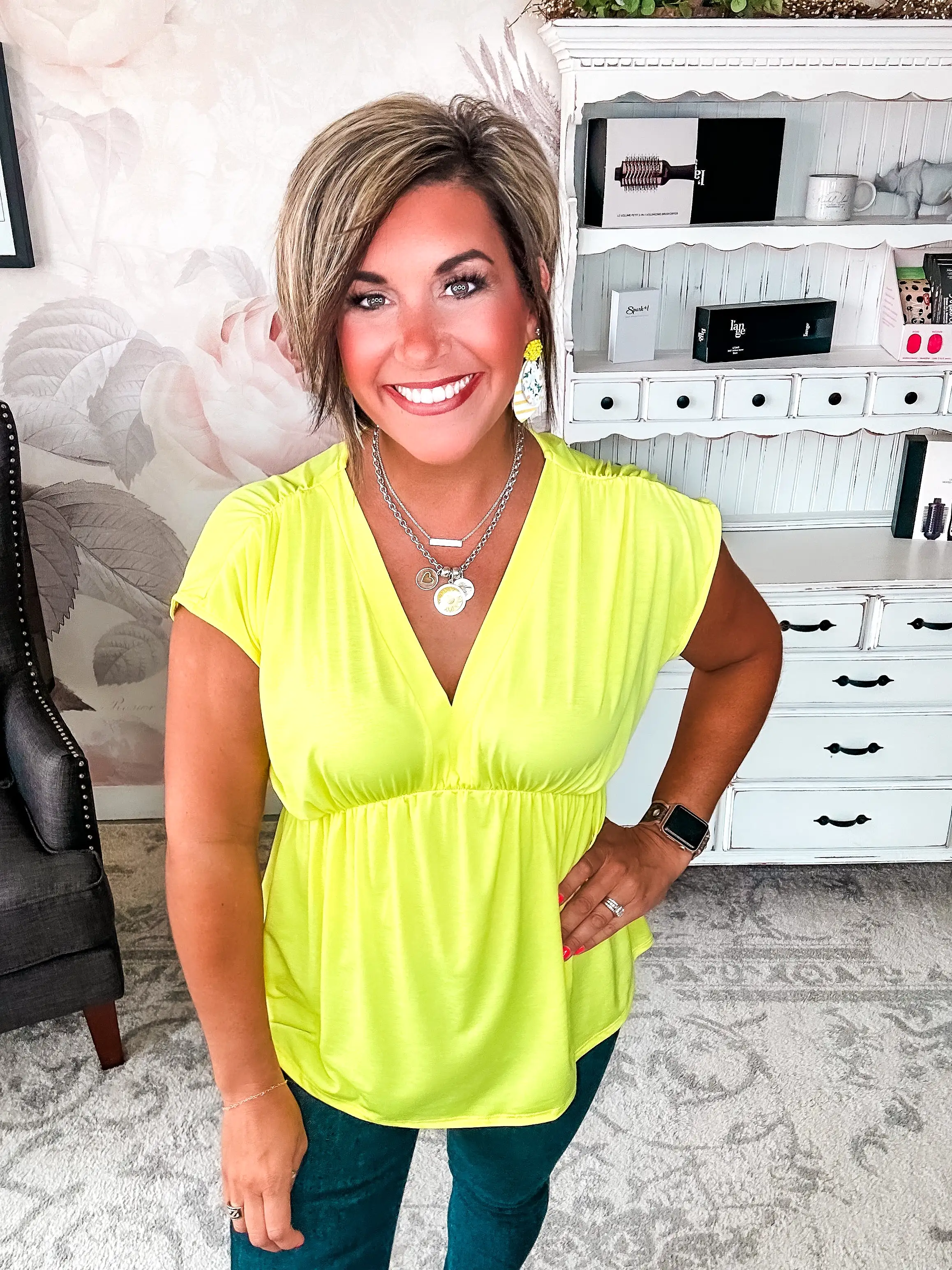 Dream On Peplum Short Sleeve Top - Neon Yellow