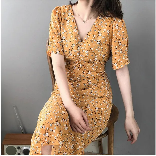 Elegant V-Neck A-Line Long Casual Chiffon Floral Print Dress