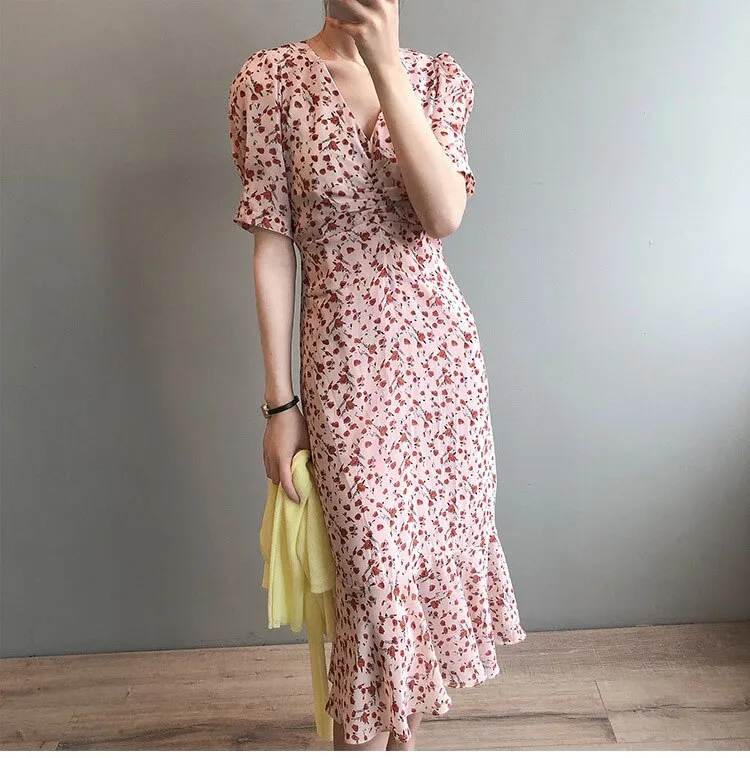 Elegant V-Neck A-Line Long Casual Chiffon Floral Print Dress