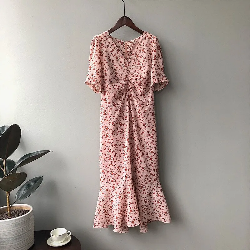 Elegant V-Neck A-Line Long Casual Chiffon Floral Print Dress