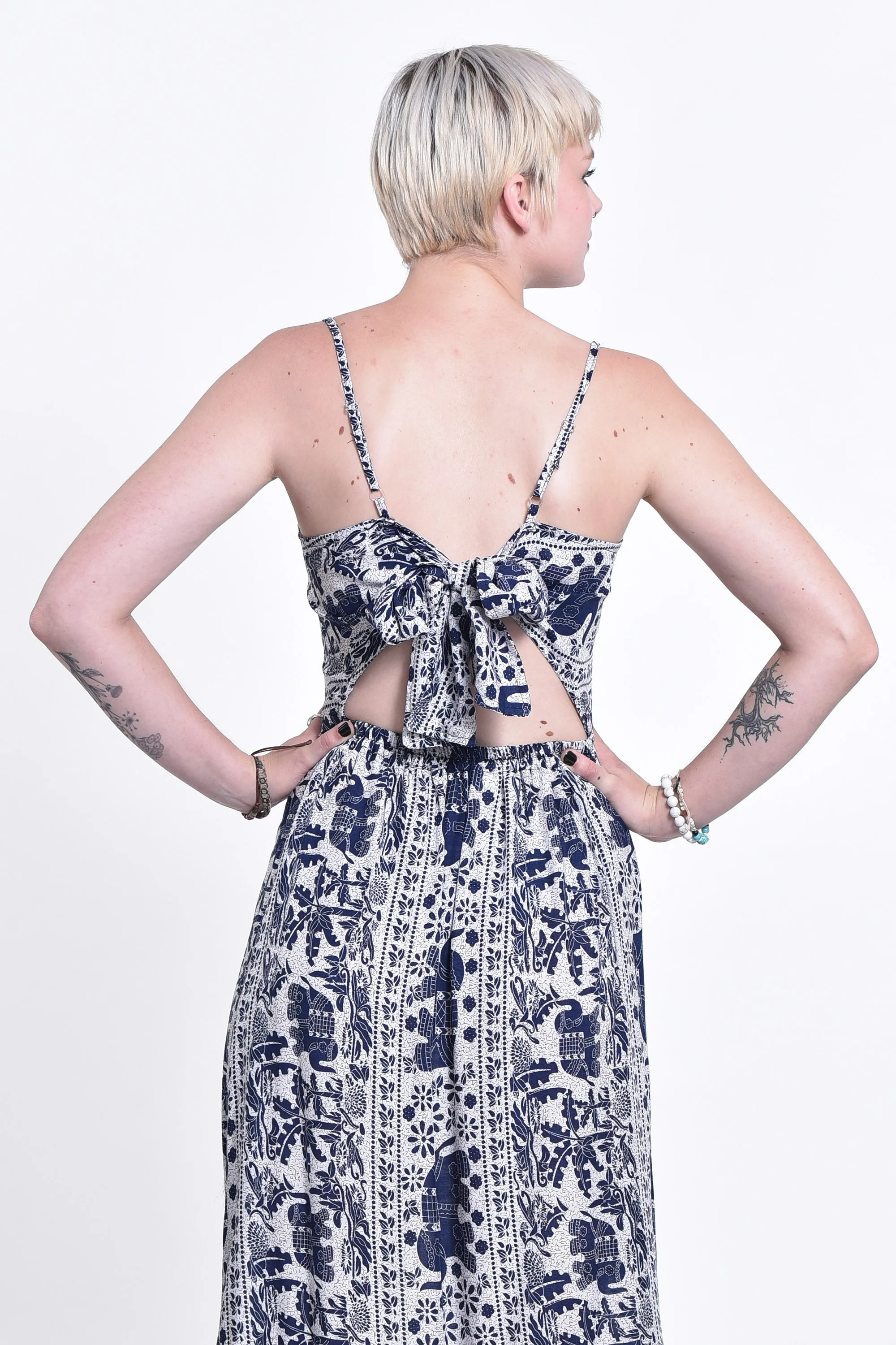 Elephant Orchard Tie Back Maxi Dress in Navy