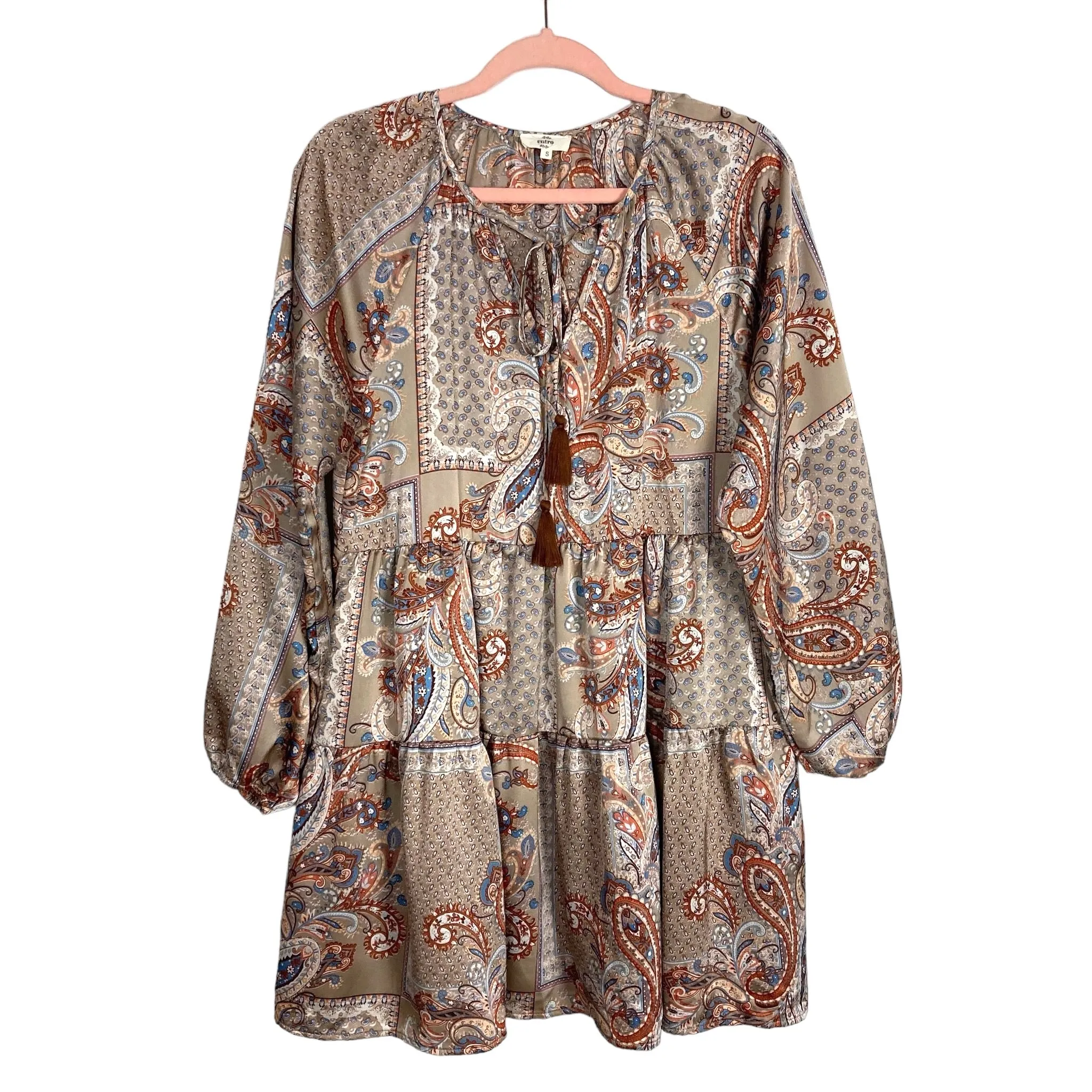 Entro Paisley Patchwork Satin with Tassel Tie Dress- Size S